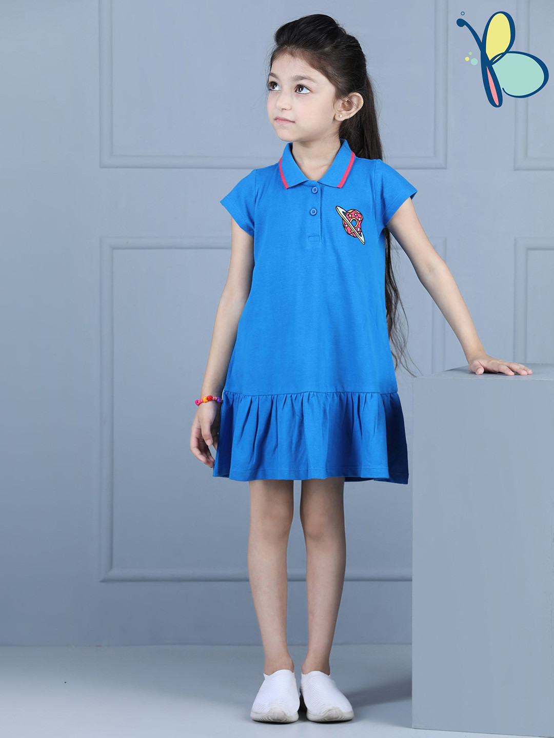 Hola Bonita Girls Short Sleeves Applique Drop-Waist Dress