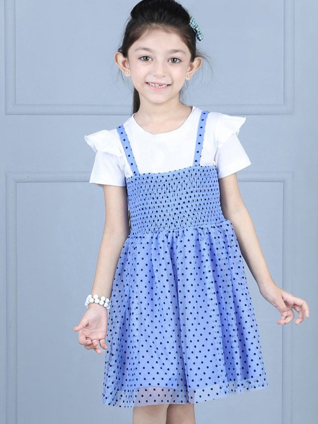 Hola Bonita Girls Polka Dot Print Shoulder Straps Layered Net Pinafore Casual Dress