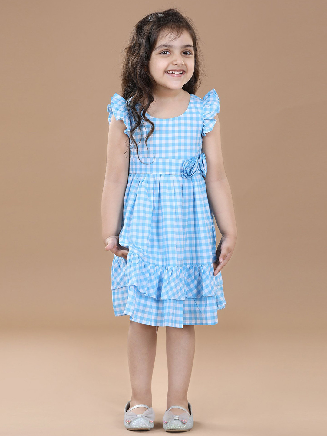 Hola Bonita Girls Checked Flutter Sleeve Fit & Flare Dress
