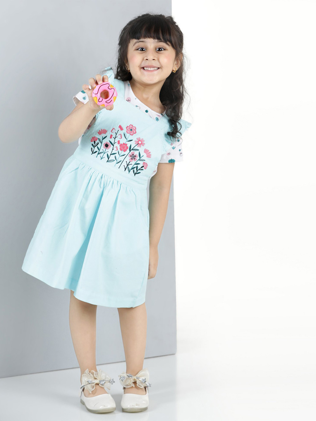 Hola Bonita Girls Floral Embroidered Flutter Sleeve Cotton Fit & Flare Dress
