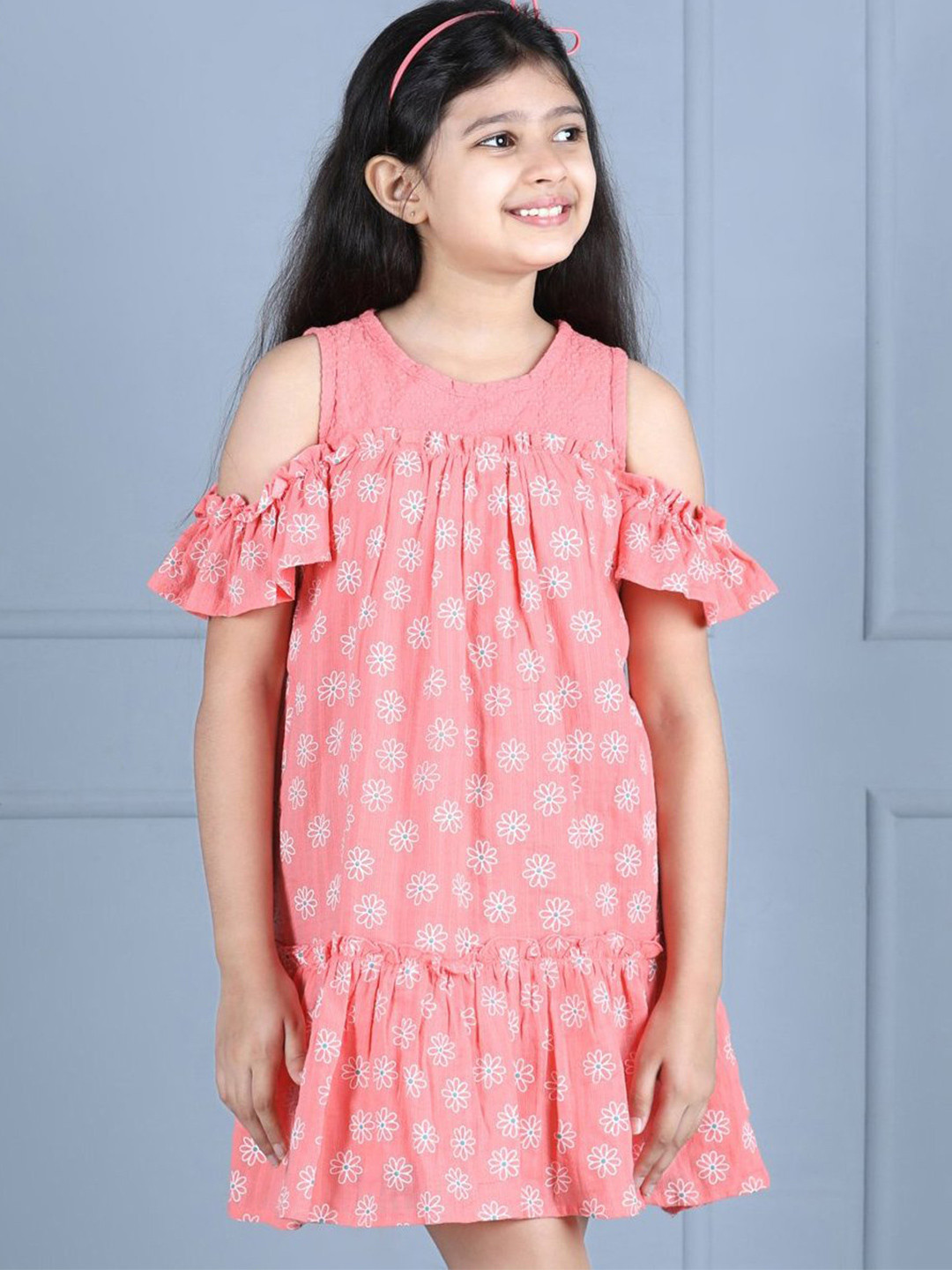 Hola Bonita Girls Floral Print Round Neck Cold-Shoulder Drop-Waist Dress