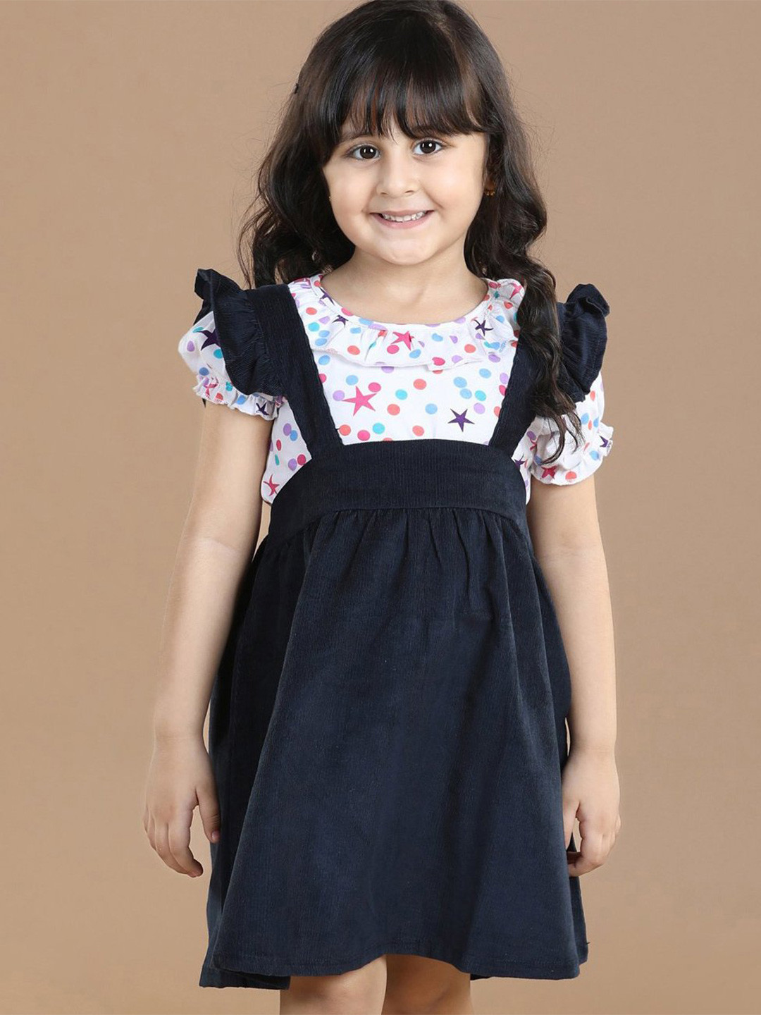 Hola Bonita Girls Shoulder Straps Layered Cotton Pinafore Dress With Tee