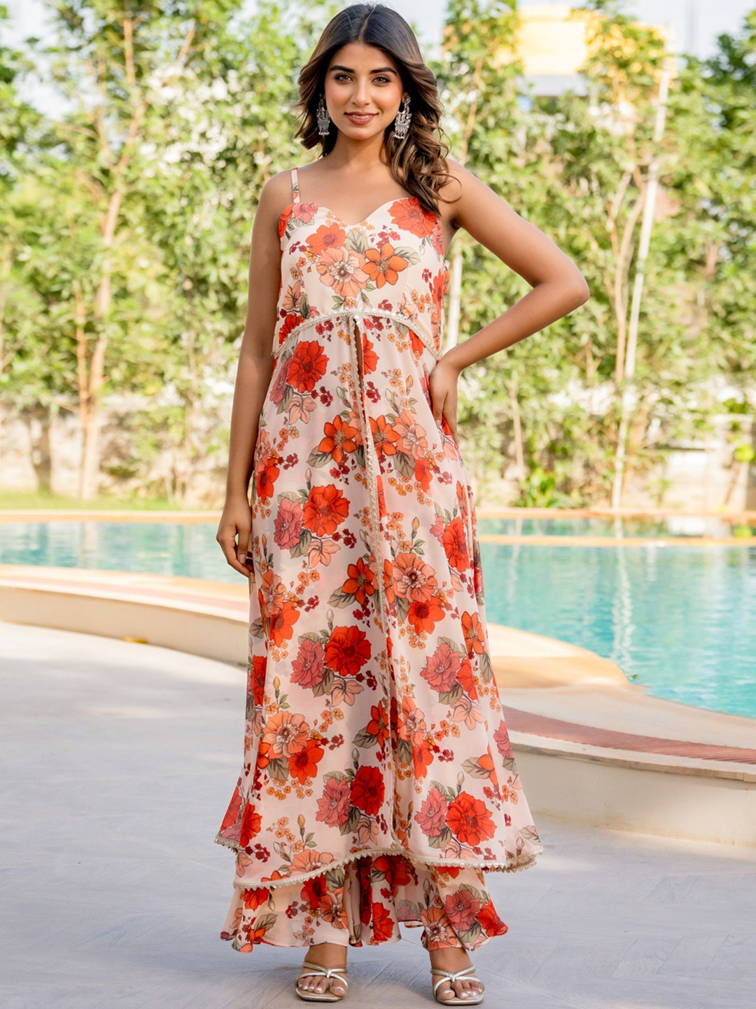 HOUSE OF JAMOTI Floral High Slit Gotta Patti Pure Cotton A-Line Kurta with Palazzos