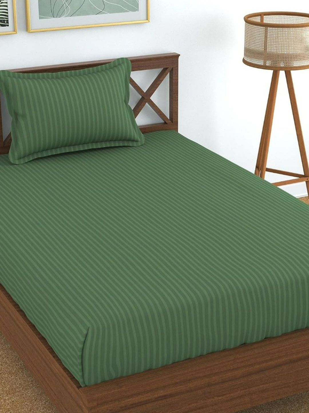 UrbanArts Green Striped Cotton 200 TC Single Fine Bedsheet with 2 Pillow Covers-57 x 90 inches