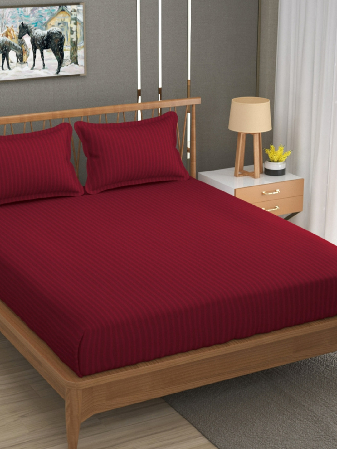UrbanArts Glace Maroon Striped Cotton 200 TC King Fine Bedsheet with 2 Pillow Covers-90 x 90 inches