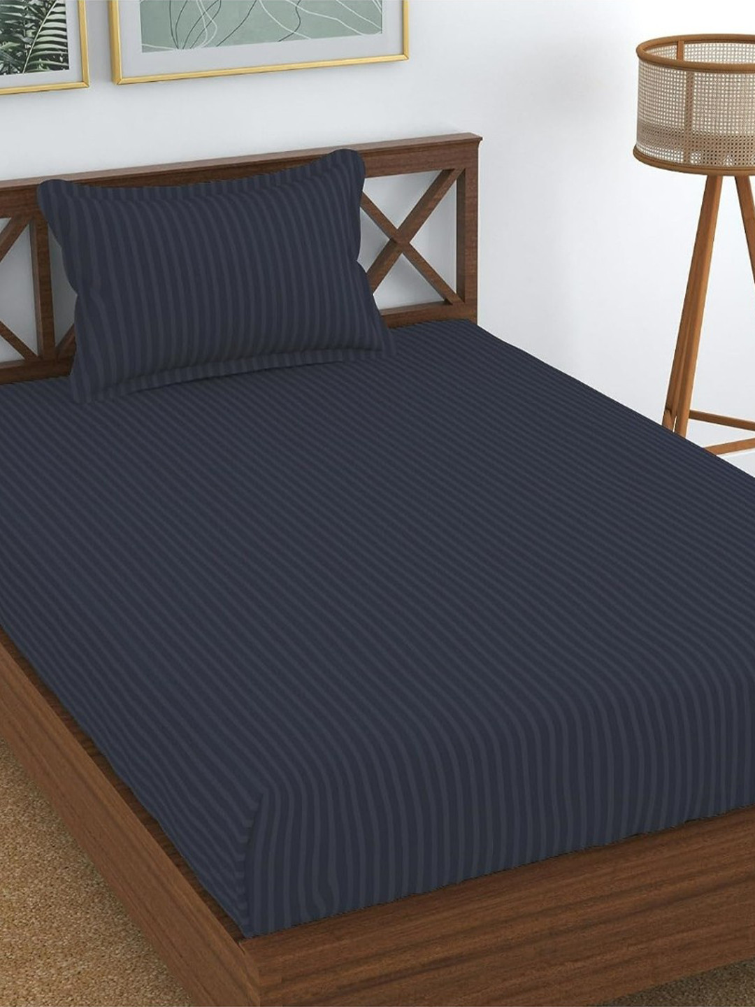 UrbanArts Grey Striped Microfiber 200 TC Single Fine Bedsheet with a Pillow Cover-229 x 145 cm