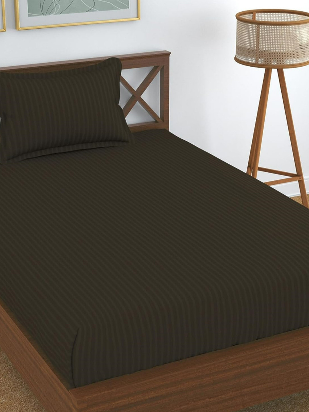 UrbanArts Brown Striped Cotton 200 TC Single Fine Bedsheet with 2 Pillow Covers-57 x 90 inches