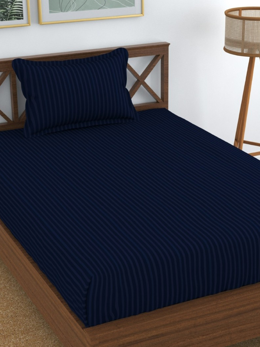 UrbanArts Kadambari Navy Blue Striped Cotton 200 TC Single Fine Bedsheet with a Pillow Cover-228.6 x 144.78 cm