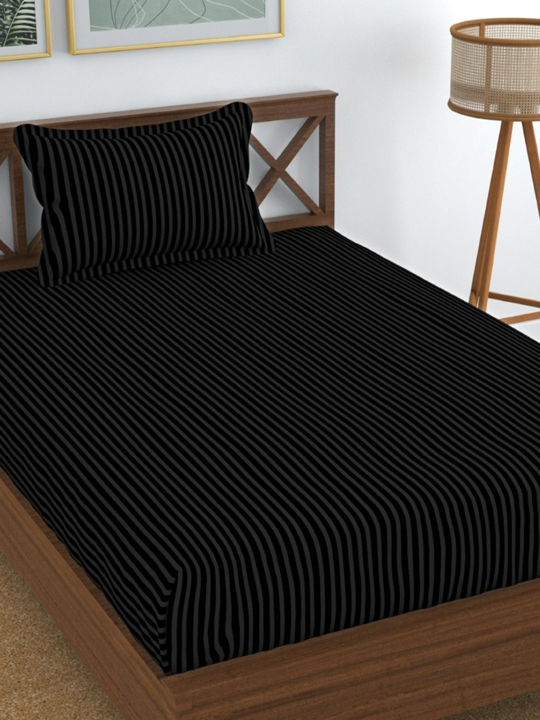 UrbanArts Ruby Black Striped Microfiber 200 TC Single Fine Bedsheet with a Pillow Cover-228.6 x 144.78 cm