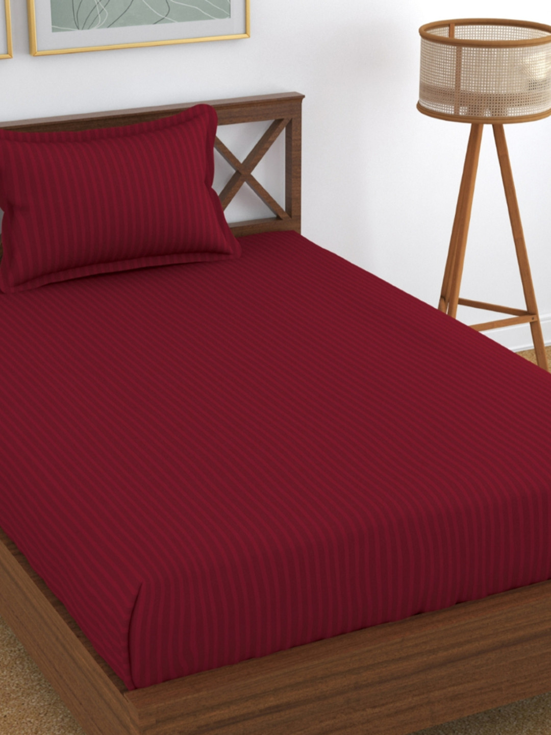 UrbanArts Maroon Striped Cotton 200 TC Single Fine Bedsheet with a Pillow Cover-229 x 145 cm