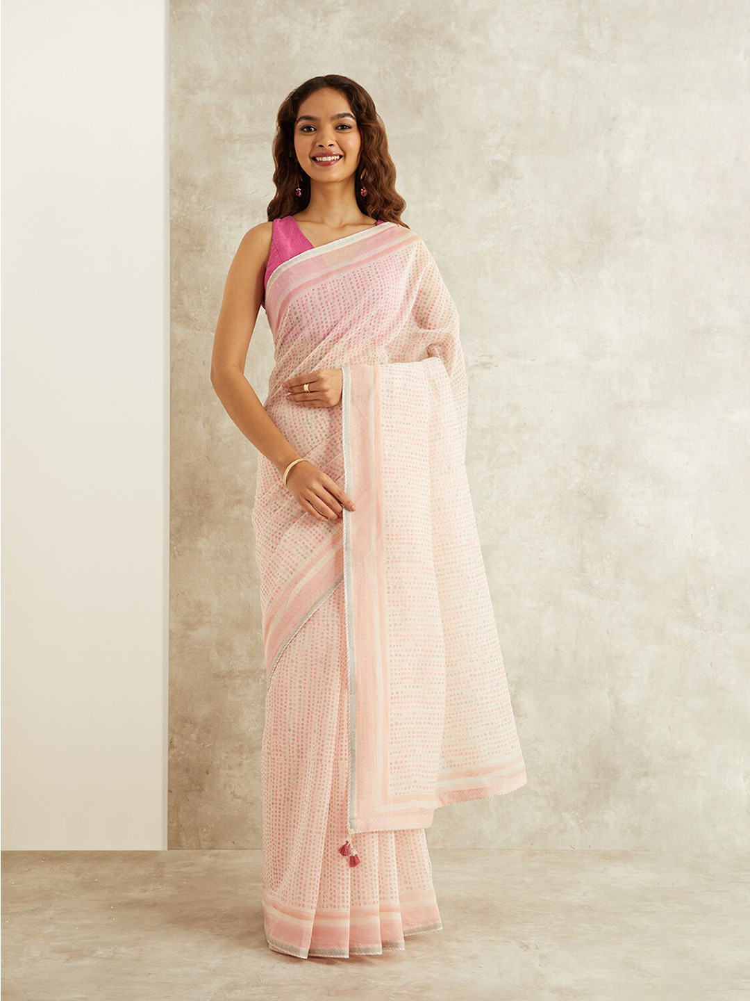 Taneira Polka Dots Printed Silk Cotton Rajasthan Mukaish Saree