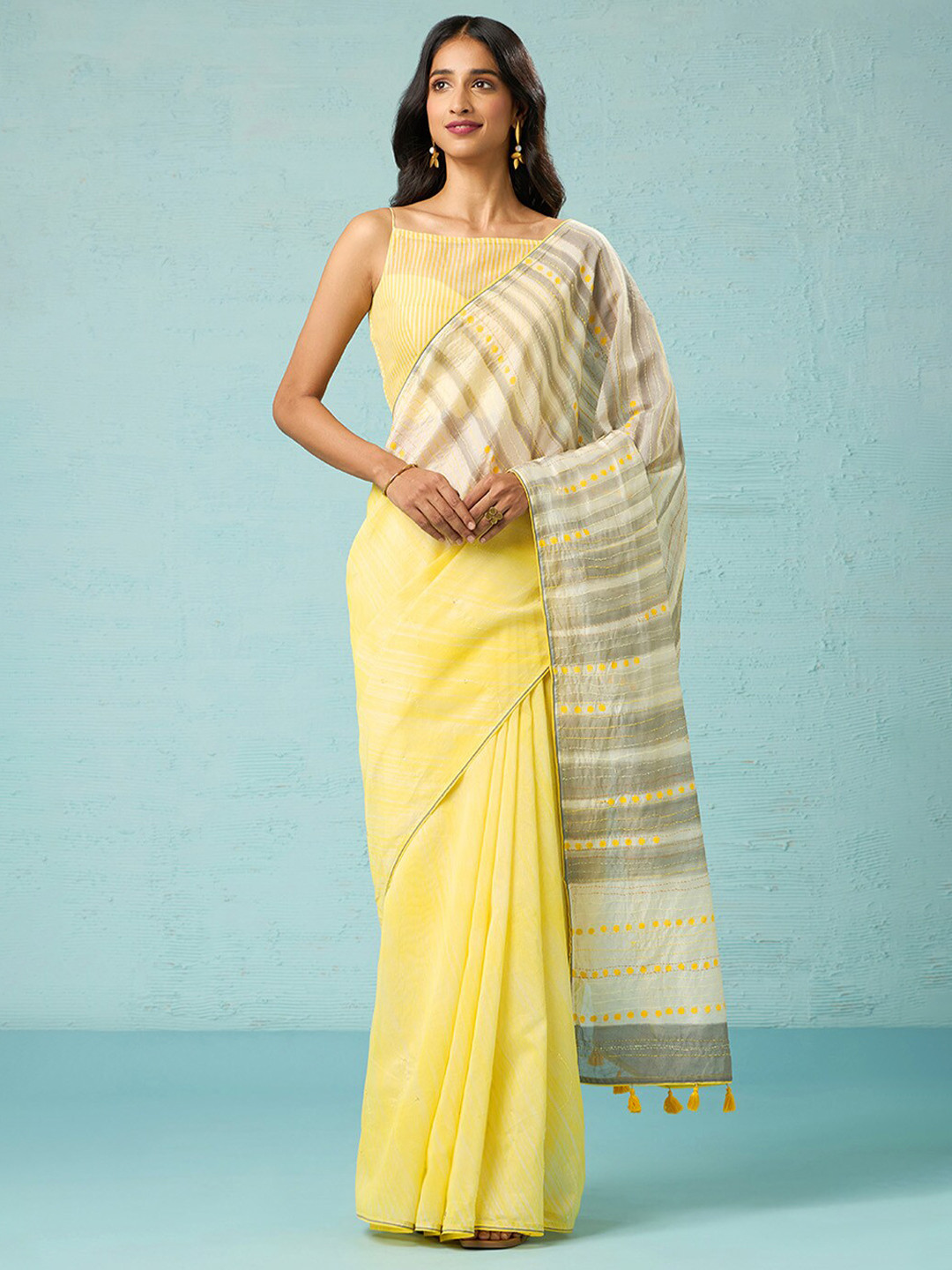 Taneira Striped Embroidered Silk Cotton Kantha Saree