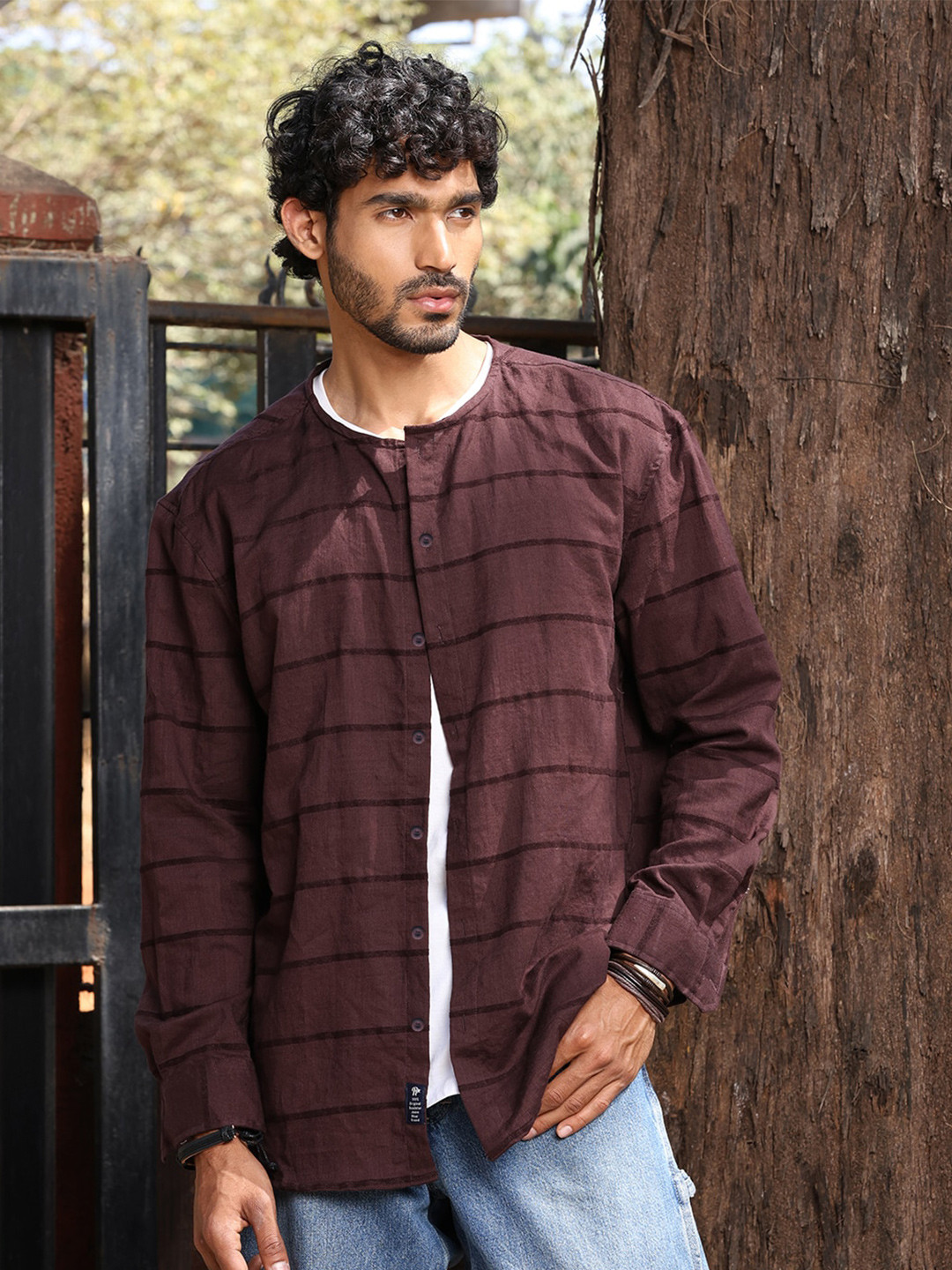 The Roadster Lifestyle Co. Maroon Oversized Horizontal Striped Collarless Cotton Shirt