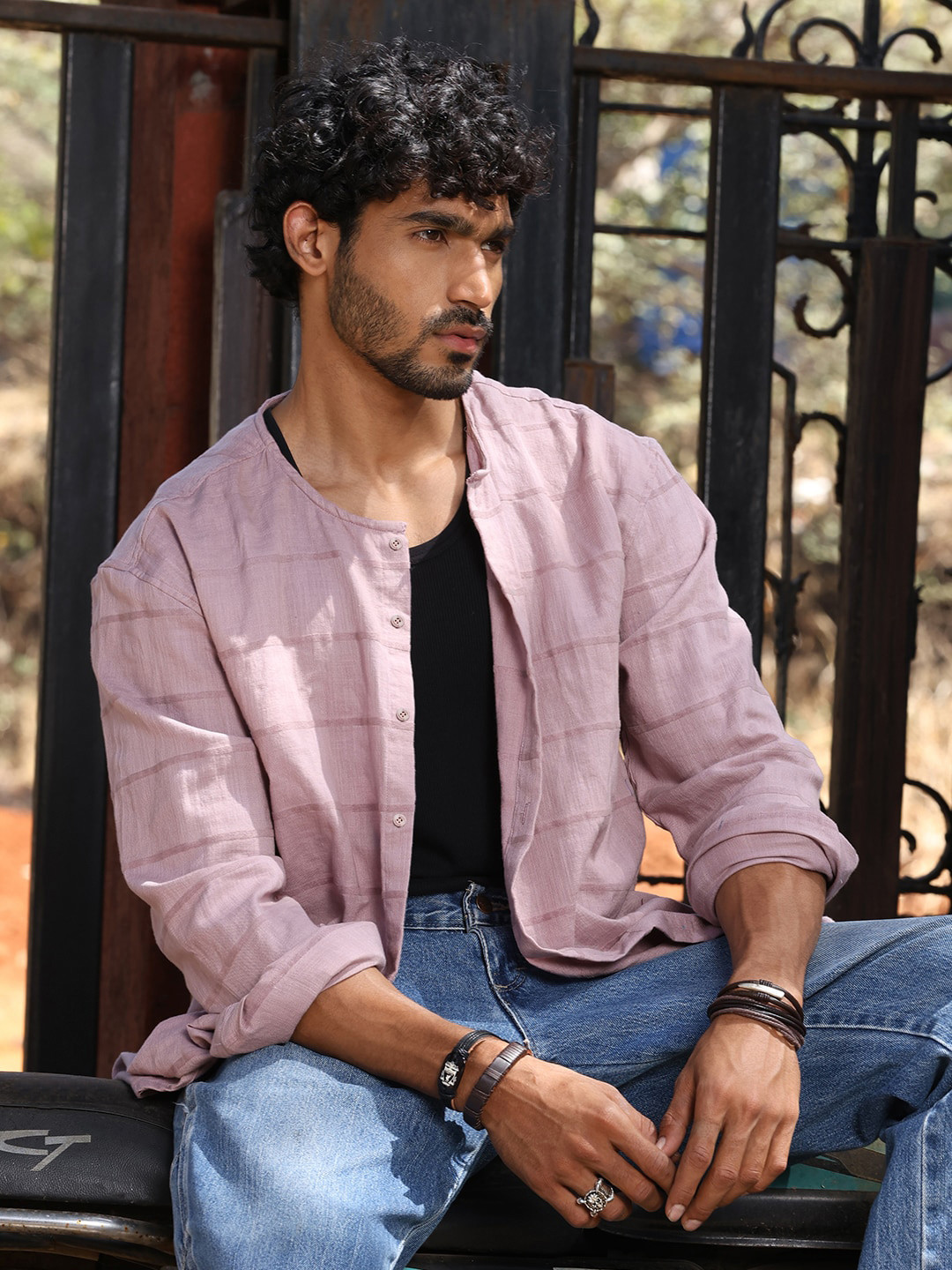 The Roadster Lifestyle Co. Pink Premium Oversized Horizontal Striped Cotton Shirt