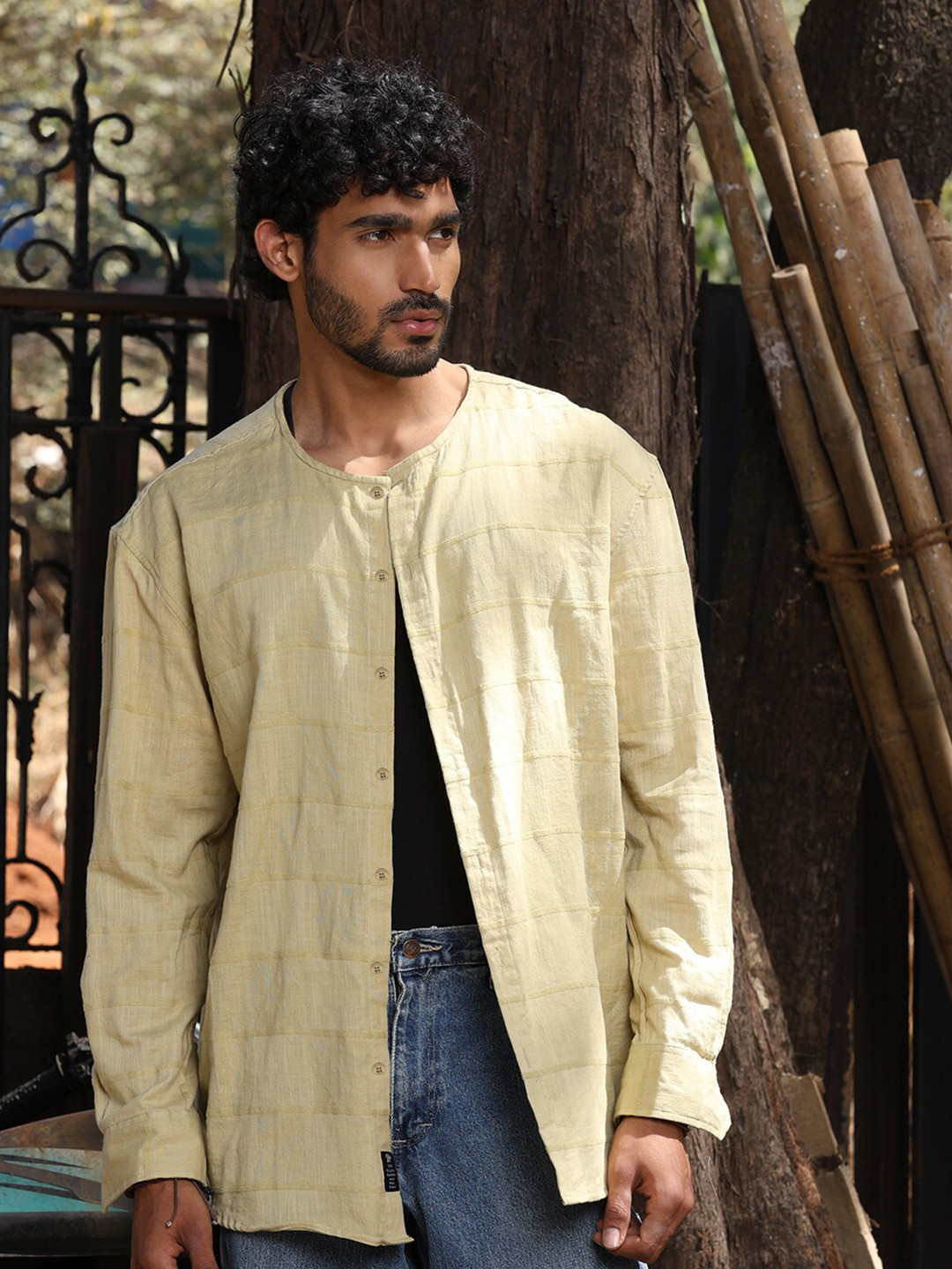 The Roadster Lifestyle Co. Lime Green Premium Oversized Horizontal Striped Cotton Shirt