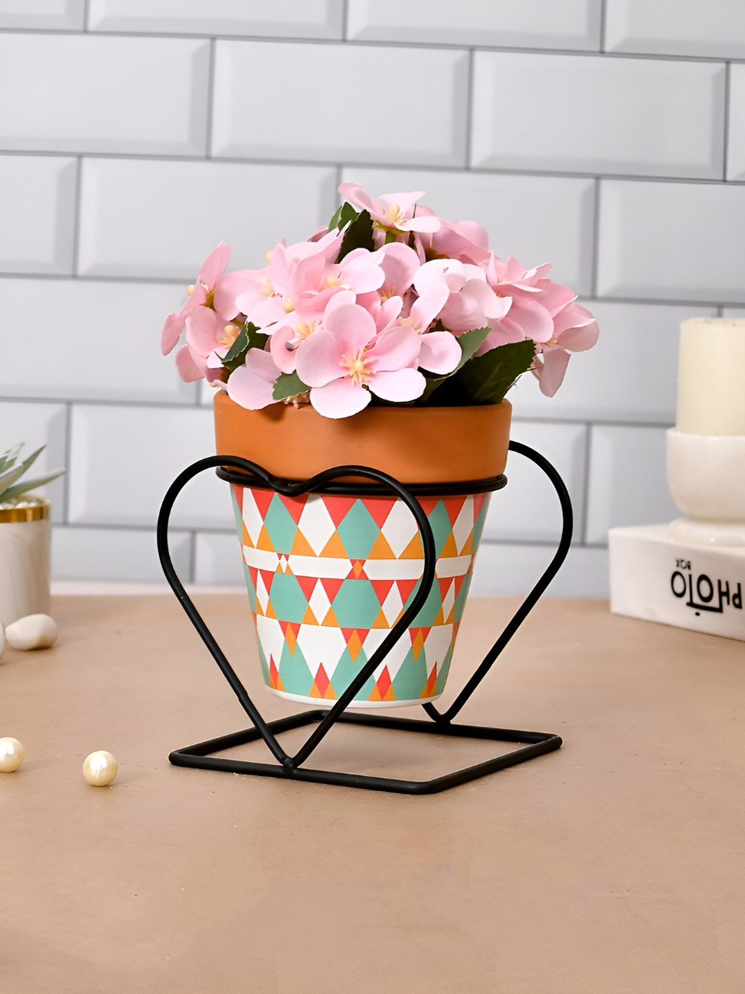 TAYHAA Brown & Green Ceramic Indoor Planter With Stand