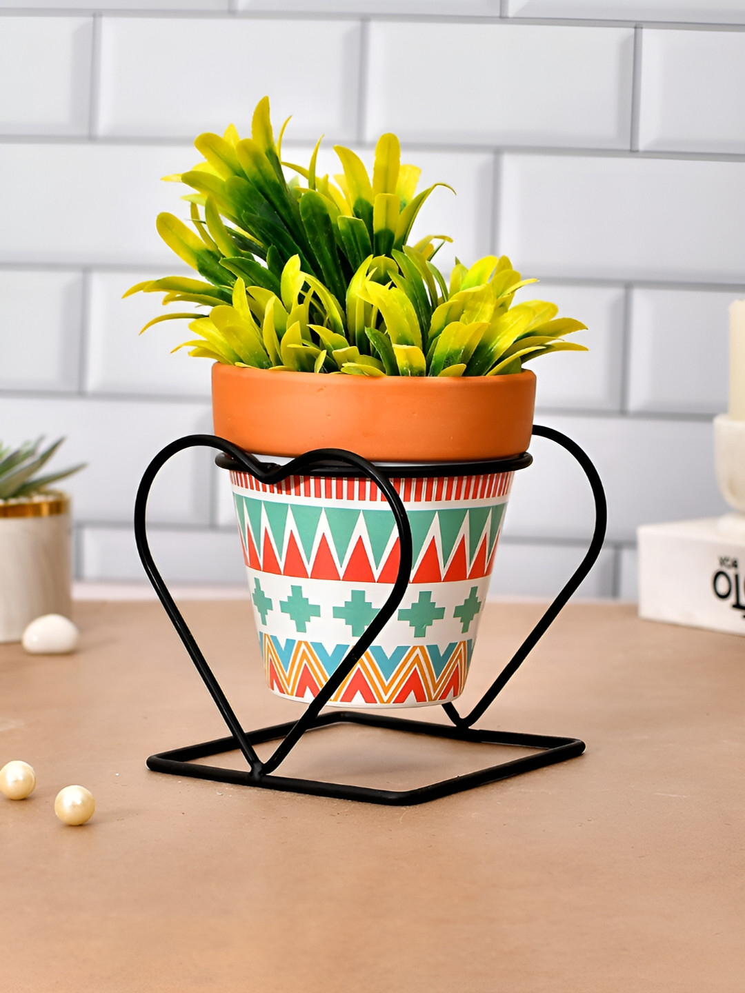 TAYHAA Brown & White Ceramic Indoor Planter With Stand