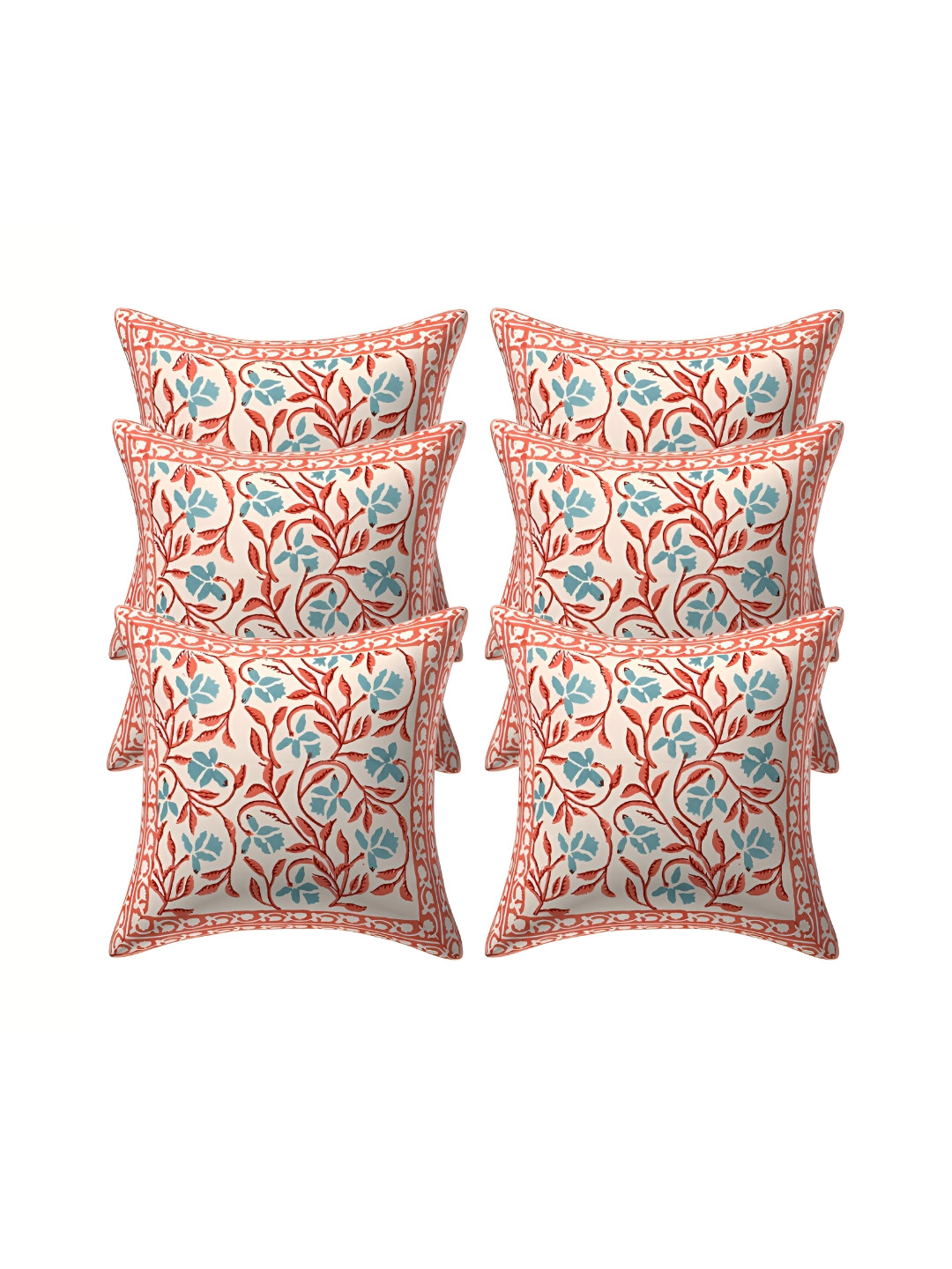 Texstylers Canvas Block Peach Floral Cotton 6 Pcs Square Cushion Covers -16x16In