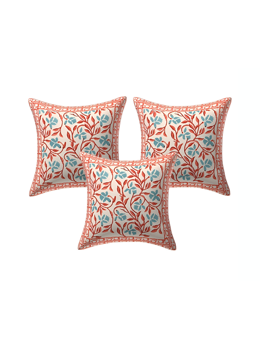 Texstylers Canvas Block Floral Cotton 3 Pcs Square Cushion Covers - 16 x 16 In