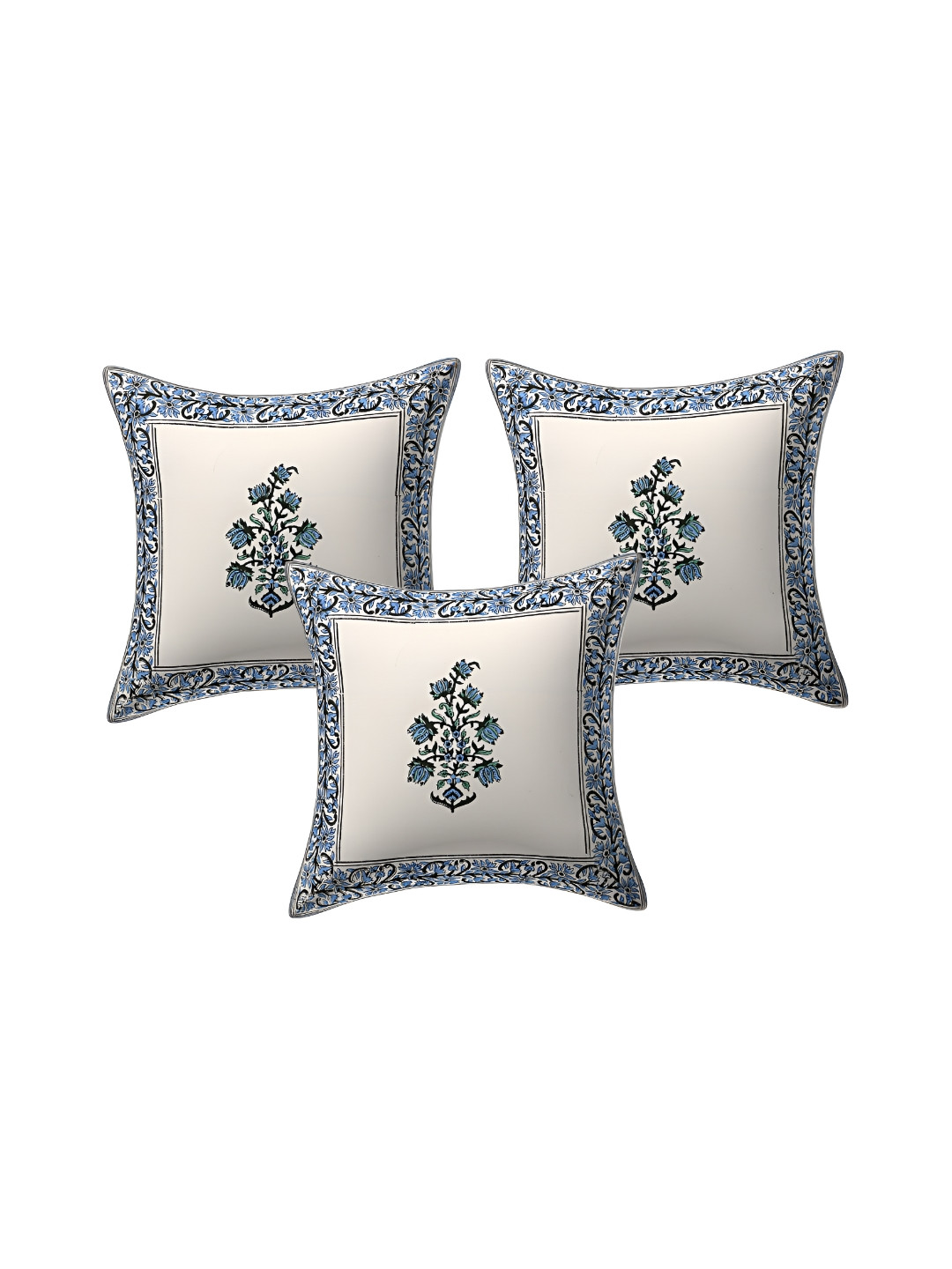 Texstylers Block Printed Blue Floral Canvas Lightweight 3 Pcs Cushion Covers -16x16In