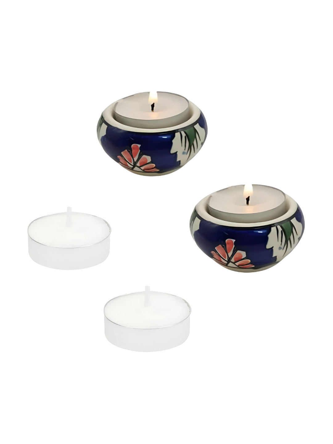 INDIA MEETS INDIA Blue & Red 2 Pieces Ceramic Printed Tea Light Candle Holders