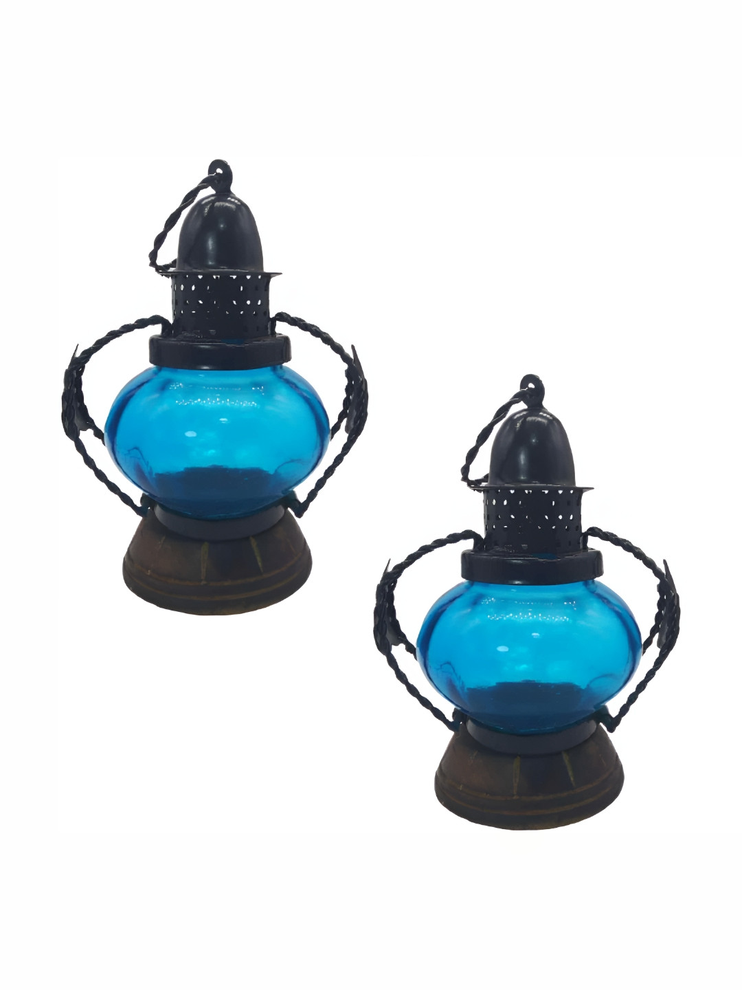 INDIA MEETS INDIA Blue & Black 2 Pieces Glass Lamp Tea Light Candle Holders