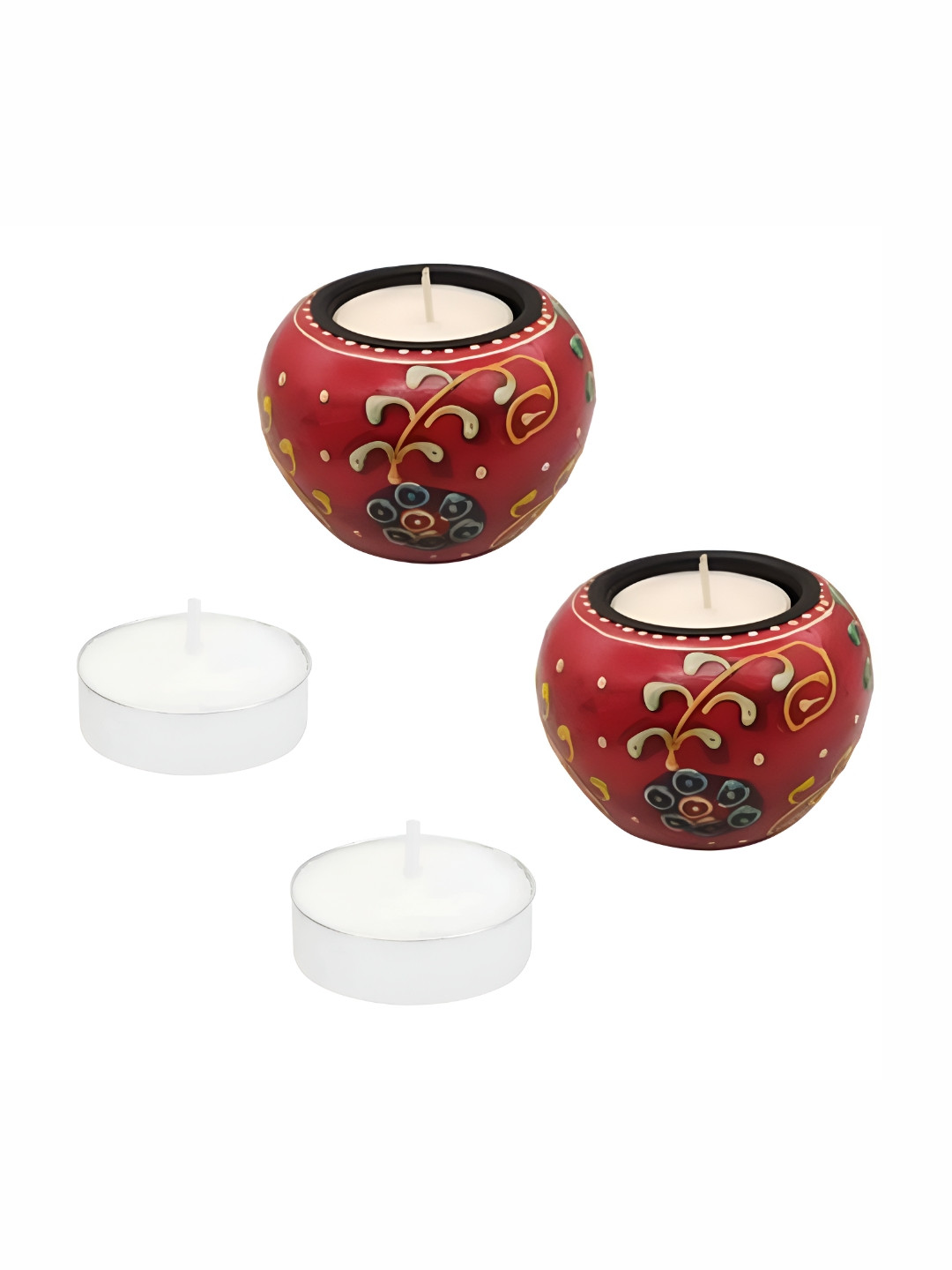 INDIA MEETS INDIA Red 2 Pieces Wooden Ceramic Tea Light Candle Holders
