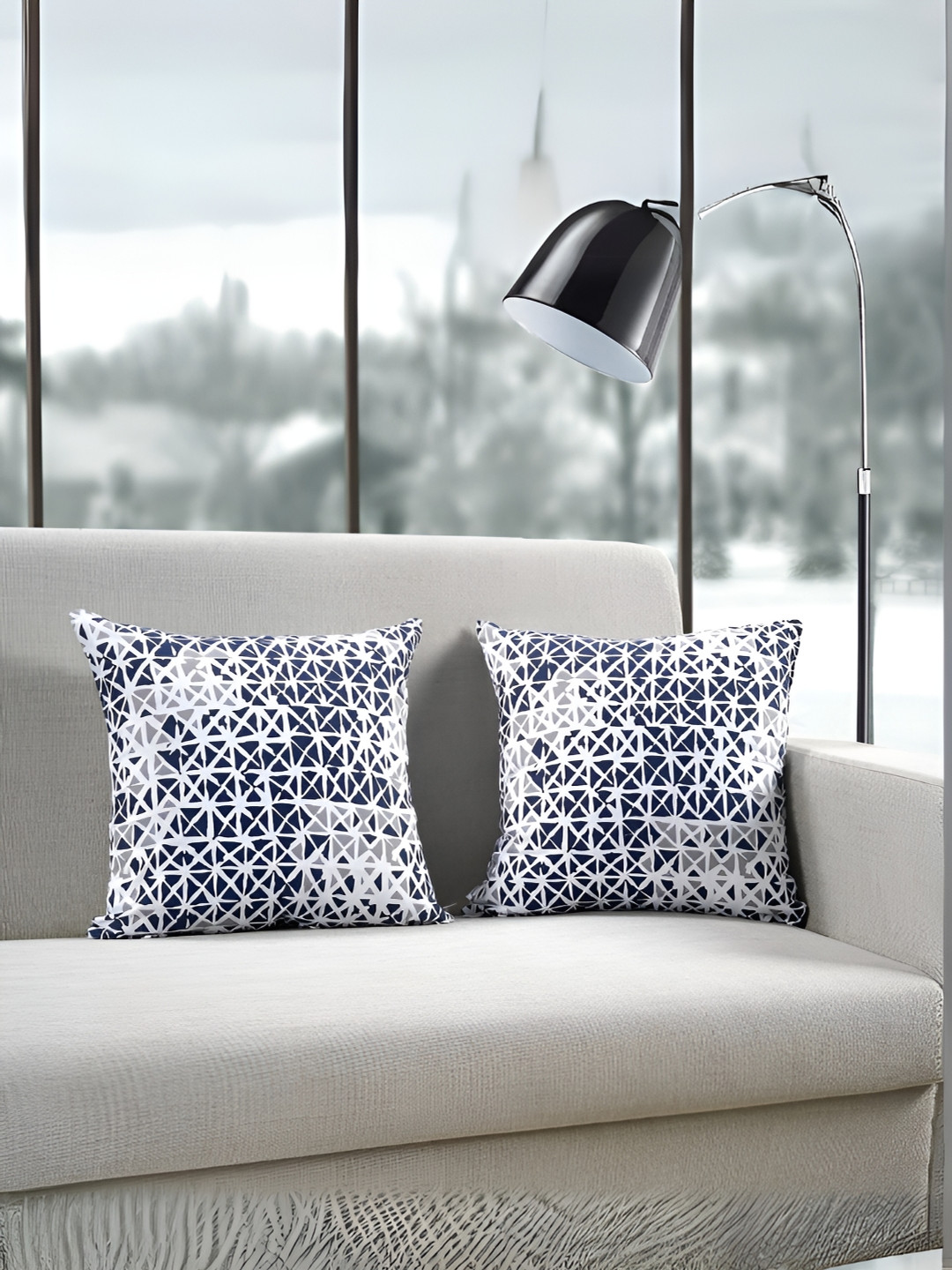 Aurave Light-Weight Blue Geometric Polyester Silk Breathable 2 Pcs Cushion Covers -24x24In