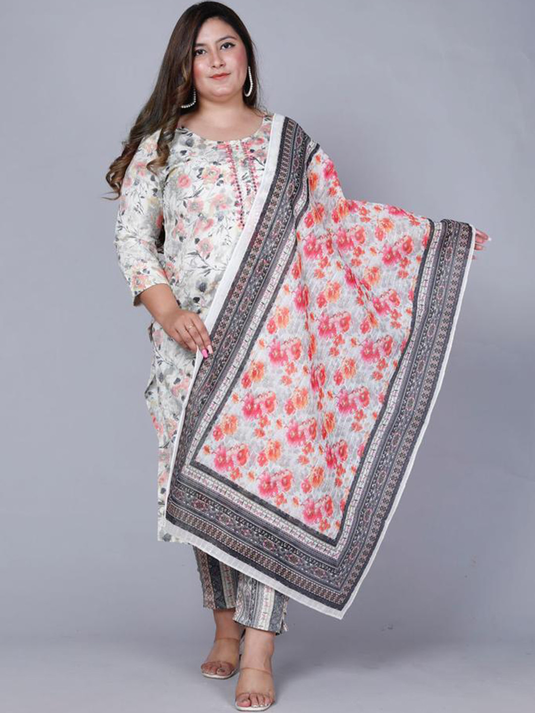 PNEHA Floral Printed Regular Mirror Work Kurta with Trousers & With Dupatta