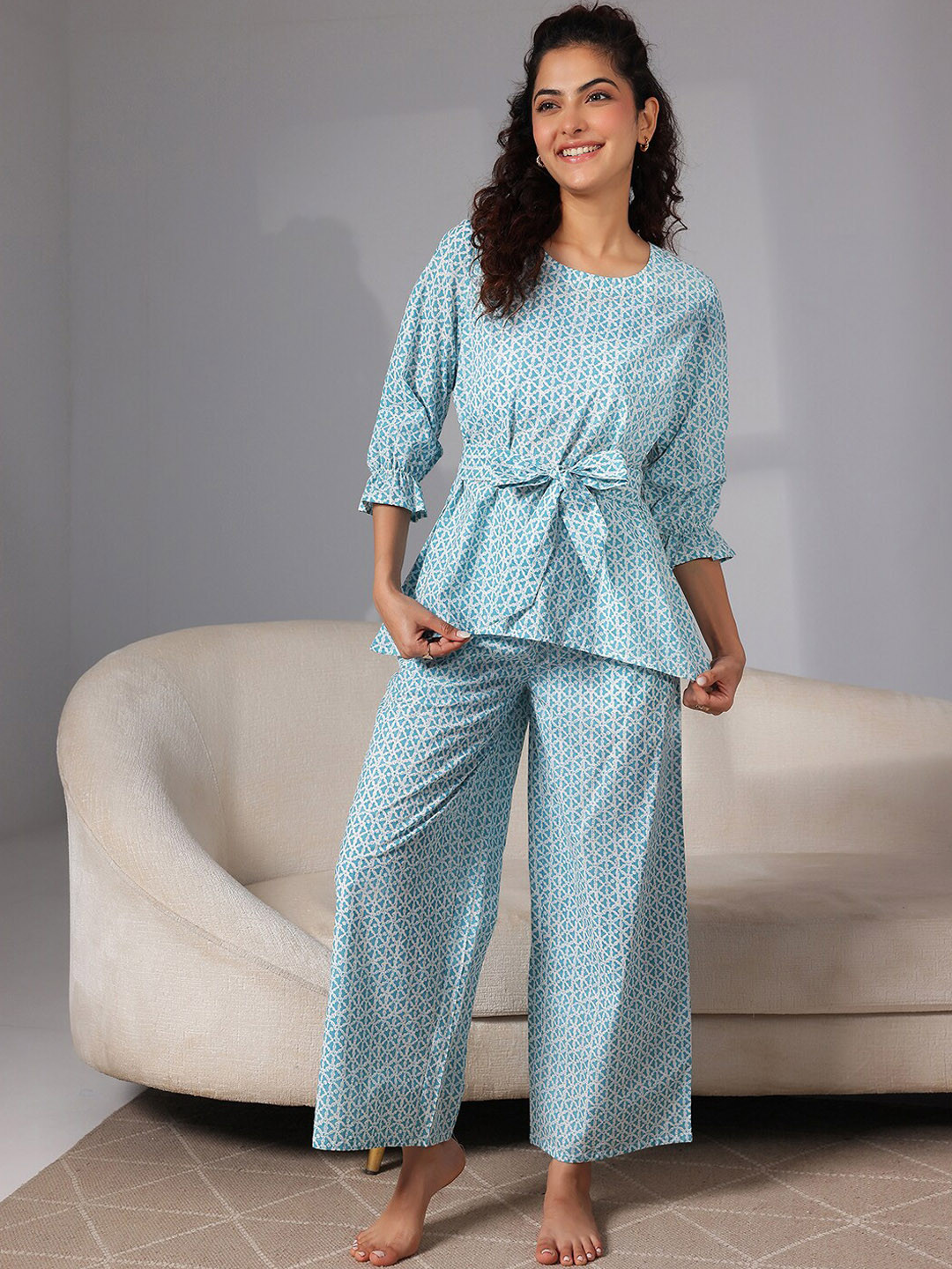 Libas Floral Geometric Printed Pure Cotton Bell Sleeves Tie Up Night Suit