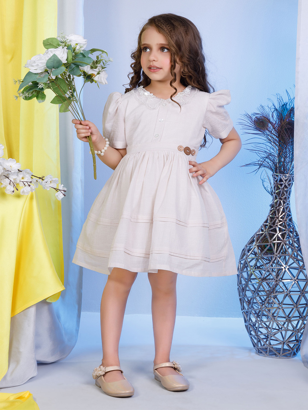 Peppermint Girls Peter Pan Puff Sleeves Linen Fit & Flare Dress