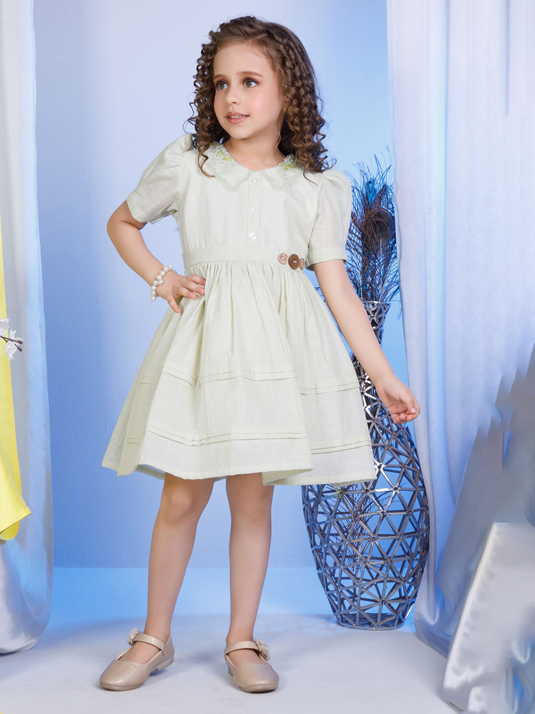 Peppermint Girls Peter Pan Collar Gathered Detailed Linen Fit & Flare Dress