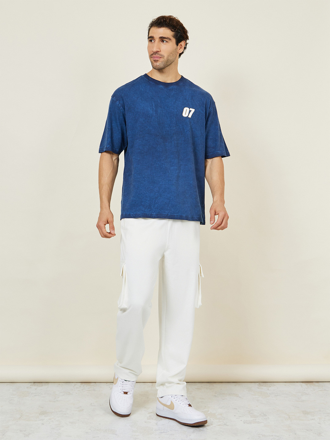 Styli Men Cream-Coloured Oversized Straight Leg Cotton Terry Jogger with Cargo Pockets