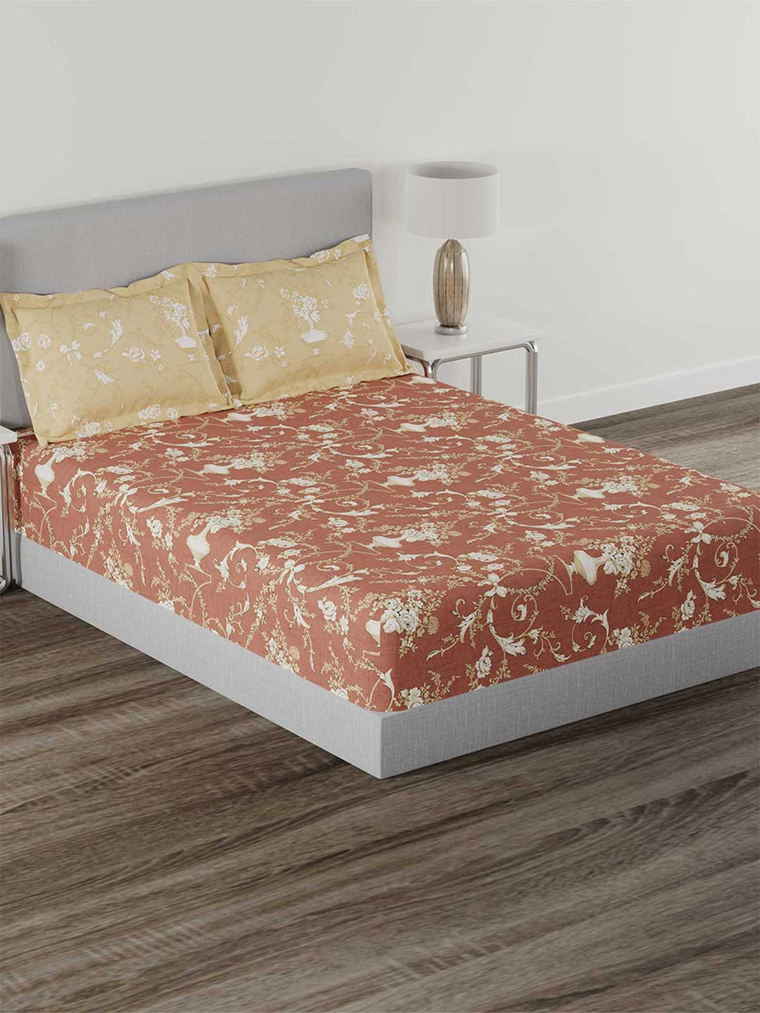 MYTRIDENT Home Essential Yellow Floral Cotton Breathable 144 TC Queen Bedsheet with 2 Pillow Covers-100 x 90 inches