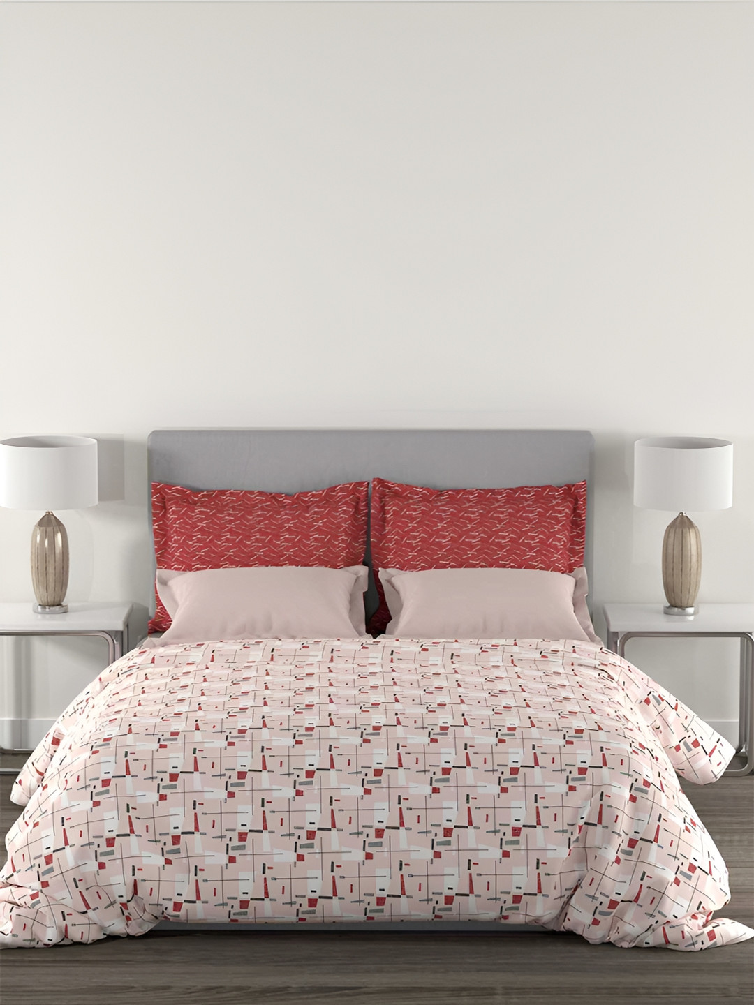 MYTRIDENT Home Essential Red Geometric Cotton 144 TC Queen Bedsheet with 2 Pillow Covers-100 x 90 inches
