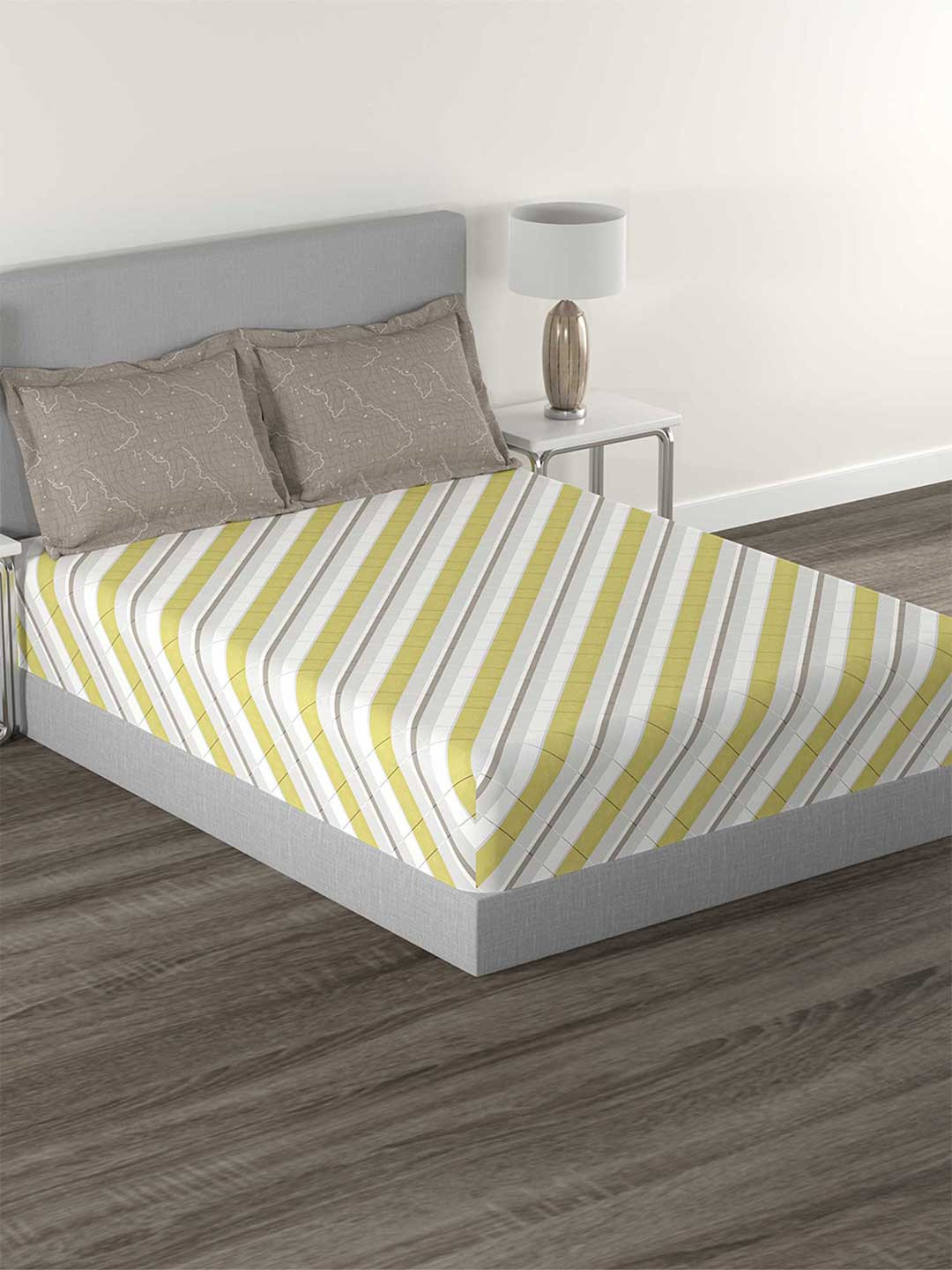 MYTRIDENT Home Essential Green Striped Cotton 144 TC Queen Bedsheet with 2 Pillow Covers-100 x 90 inches