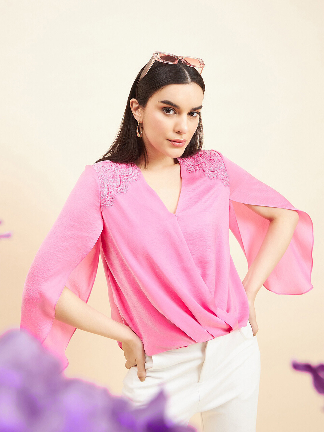 Gipsy V-Neck Slit Sleeves Satin Blouson Top