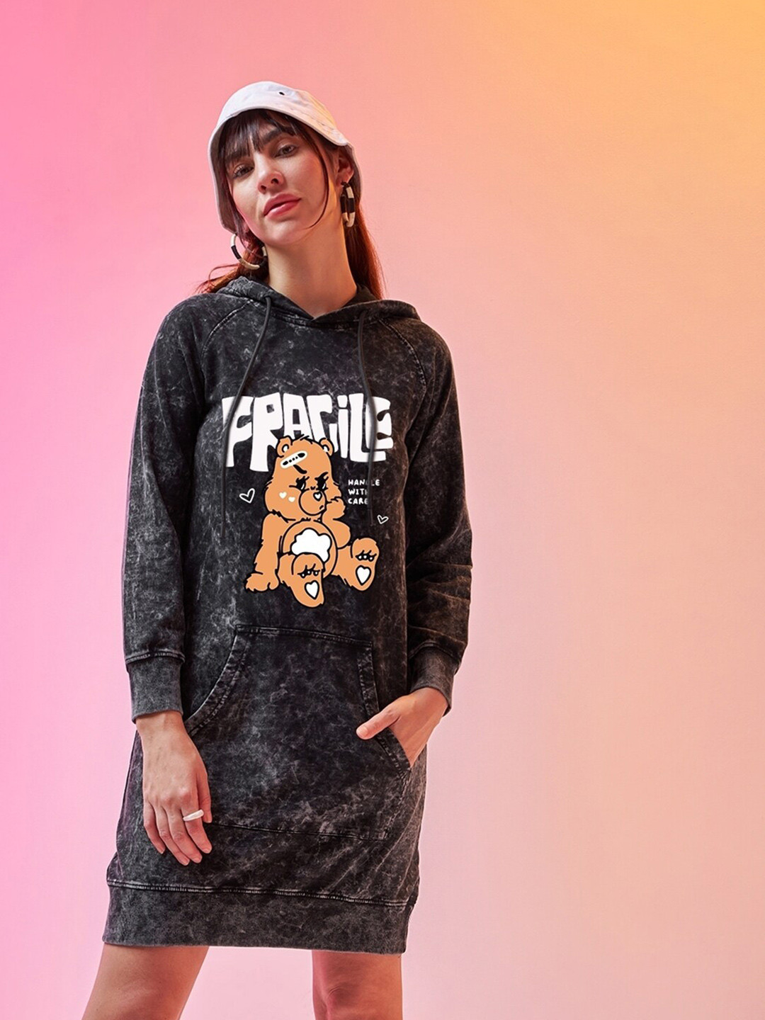 Bewakoof Fragile Graphic Printed Hooded Acid Wash T-shirt Dress