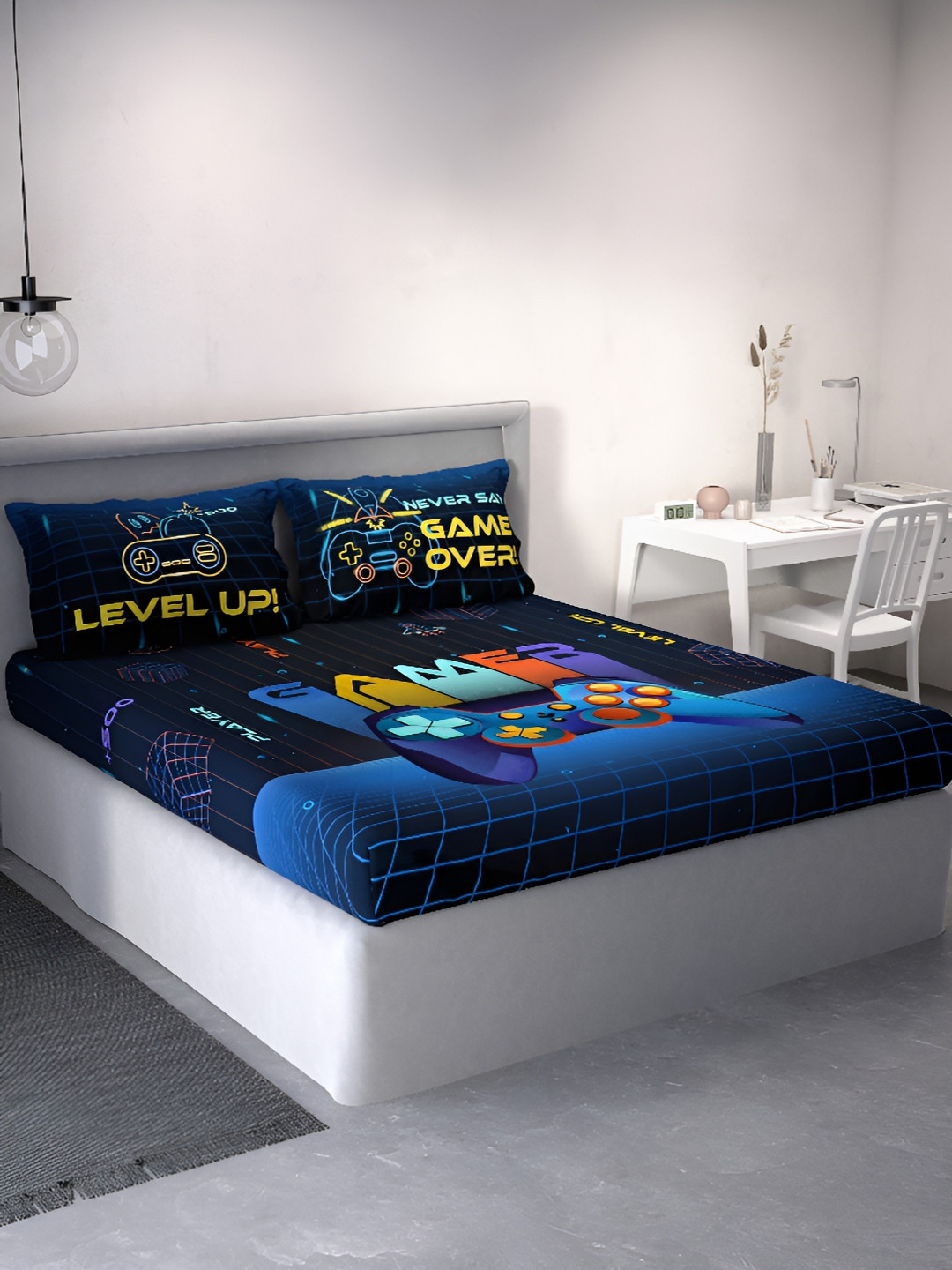 DDecor Blue & Orange Cartoon Characters Cotton 144 TC Queen Bedsheet With 2 Pillow Covers