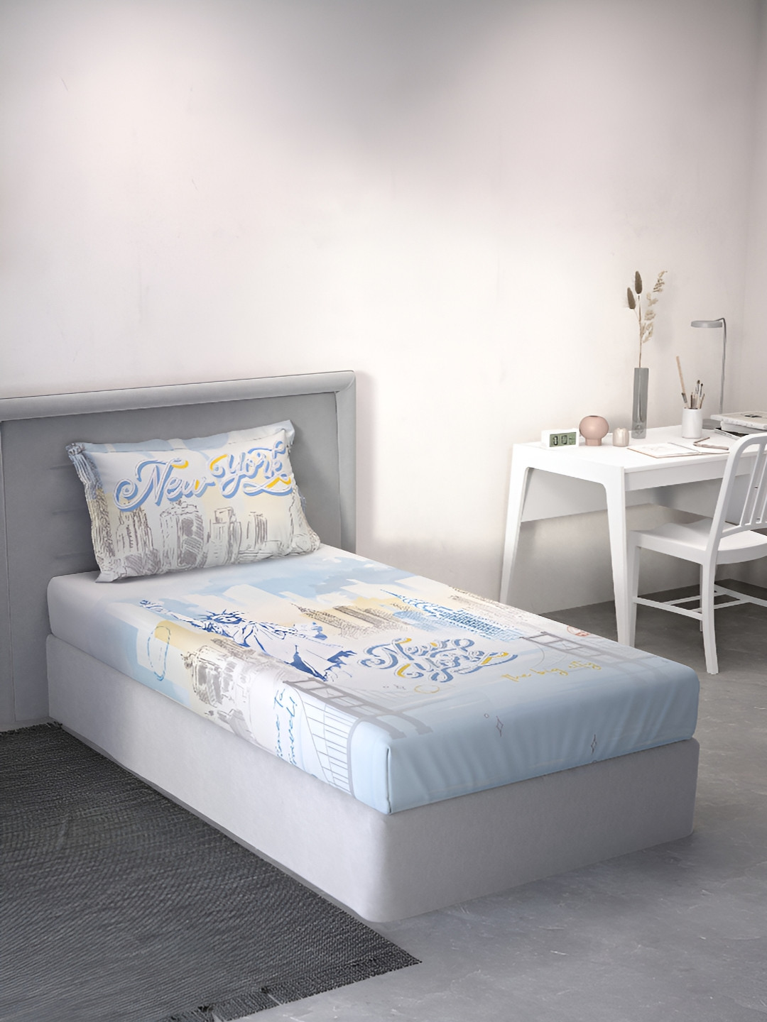 DDecor Live Beautiful Blue Graphic Cotton 144 TC Single Bedsheet with a Pillow Cover-60 x 88 inches