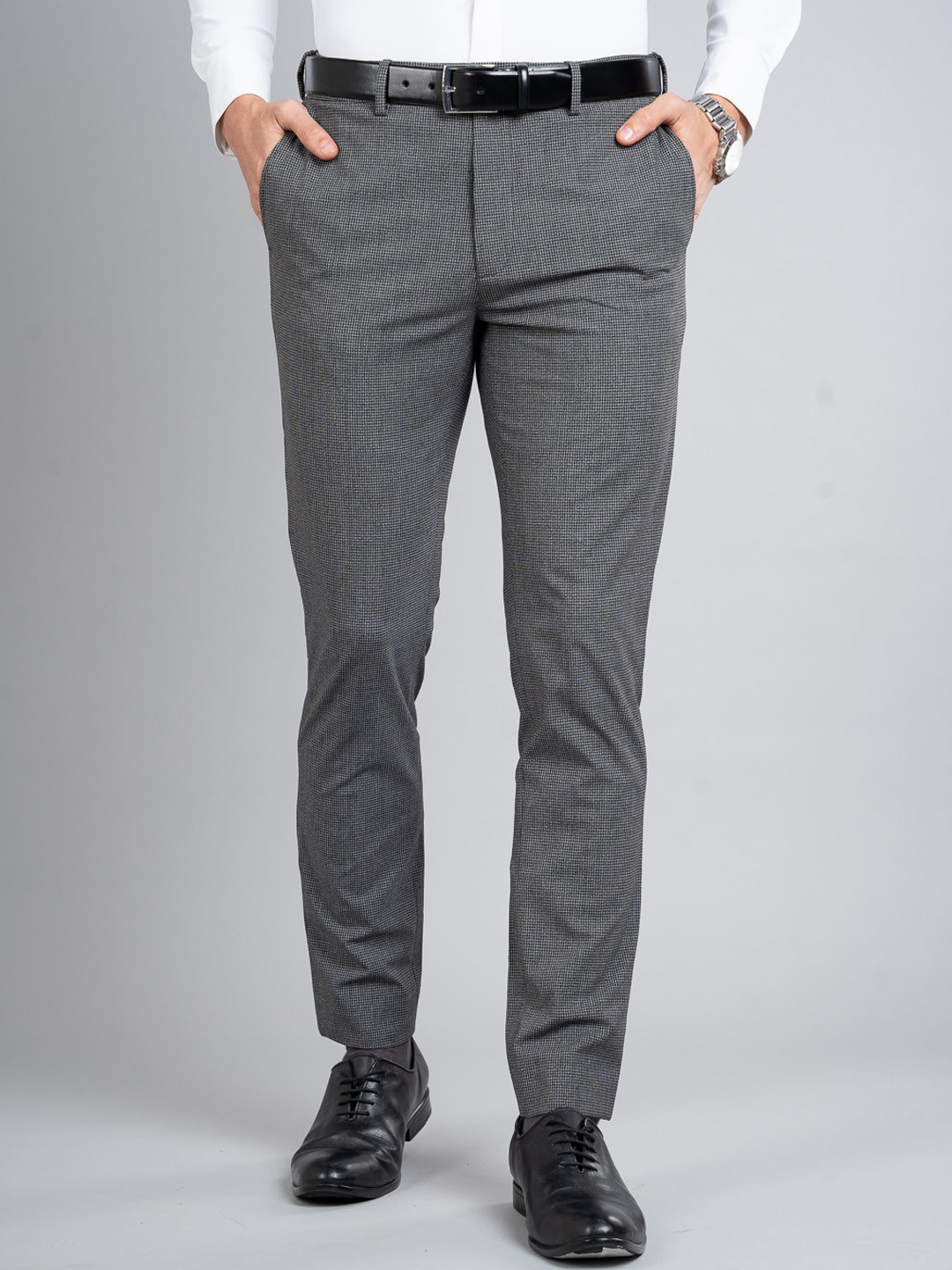 The Pant Project Men Black and White Microcheck Slim Fit Wrinkle-Resistant Formal Trousers with Stretchable Waistband