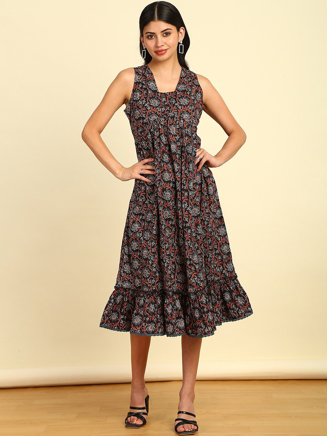 Soch Black Floral Square Neck Printed Cotton A-Line Midi Dress