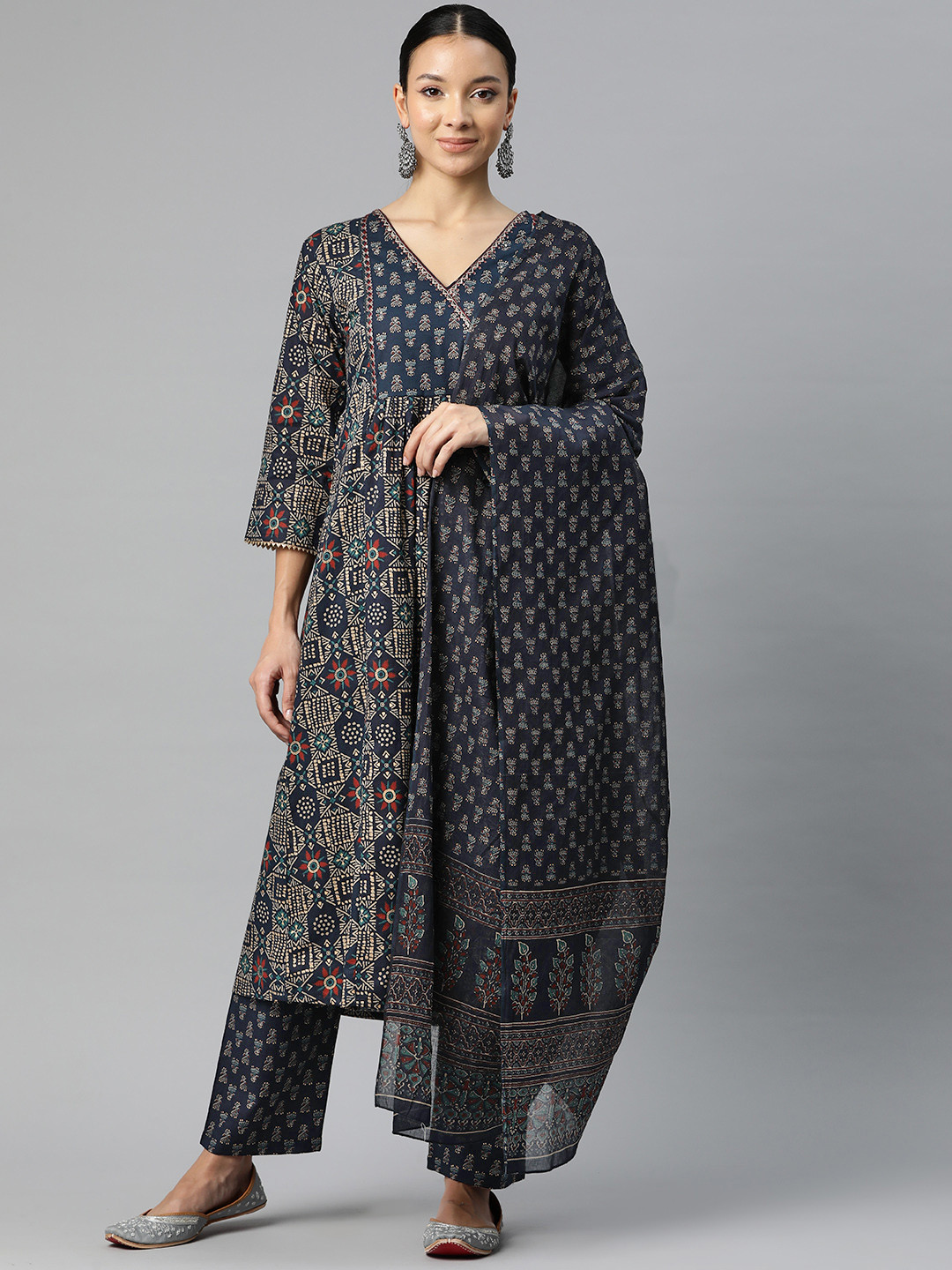 Yuris Women Floral Printed Angrakha Sequinned Pure Cotton Kurta with Trousers & With Dupatta