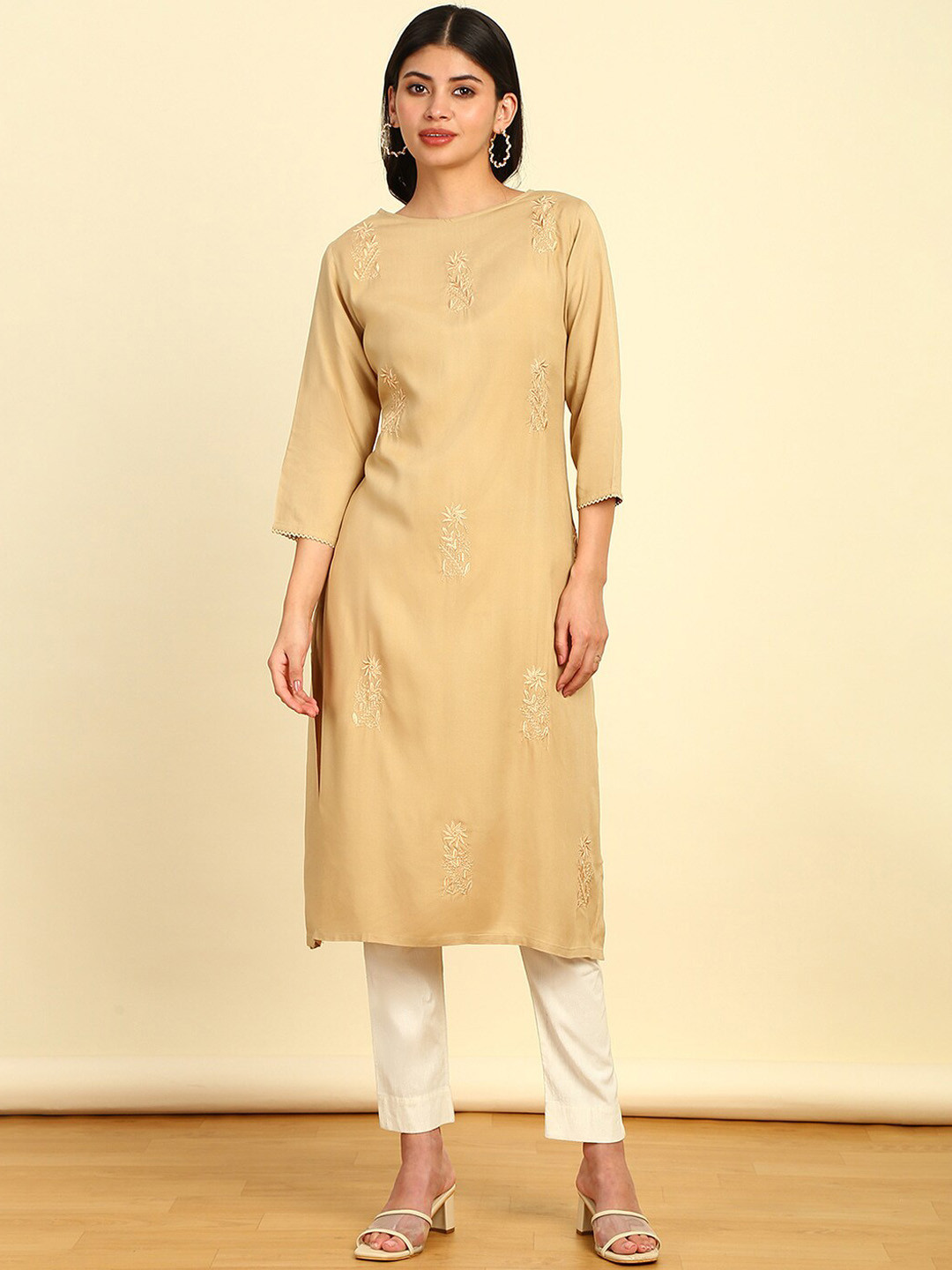 Soch Floral Embroidered Thread Work Boat Neck Straight Kurta