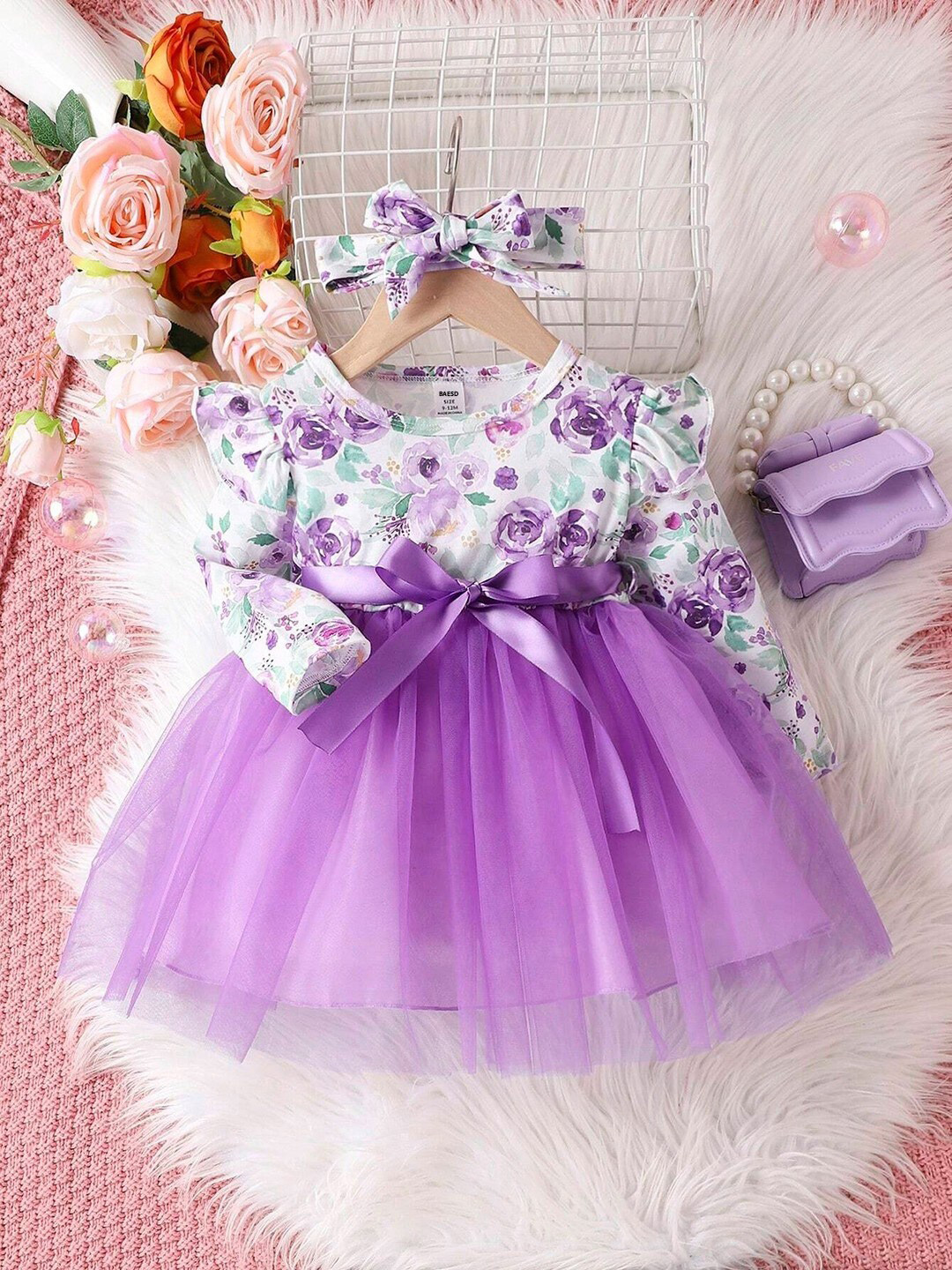 BAESD Girls Floral Printed Gathered Detailed Modal Net Fit & Flare Dress With Headband