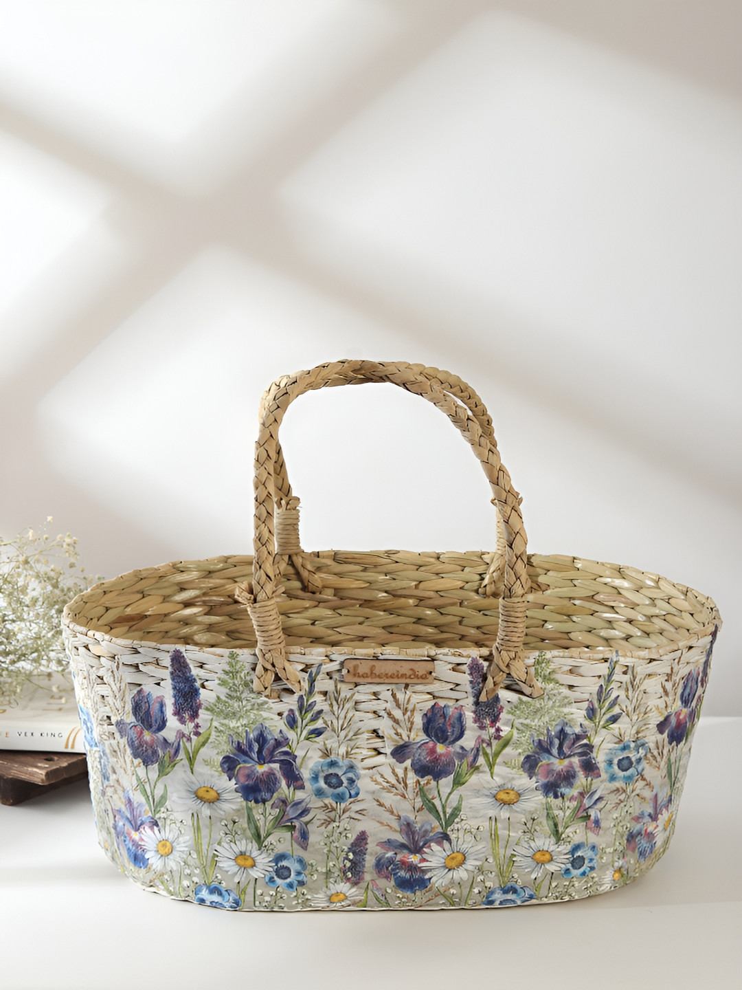 HABERE INDIA Beige & Purple Seagrass Fruit & Vegetable Basket