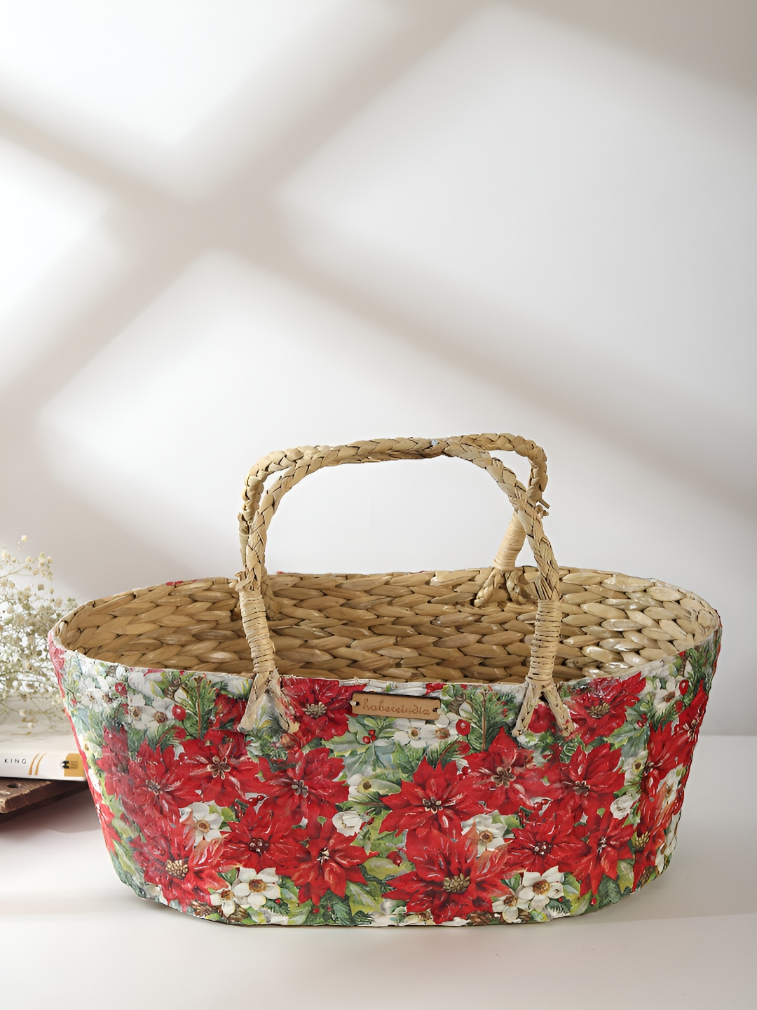 HABERE INDIA Red & Beige Printed Seagrass Fruit & Vegetable Basket