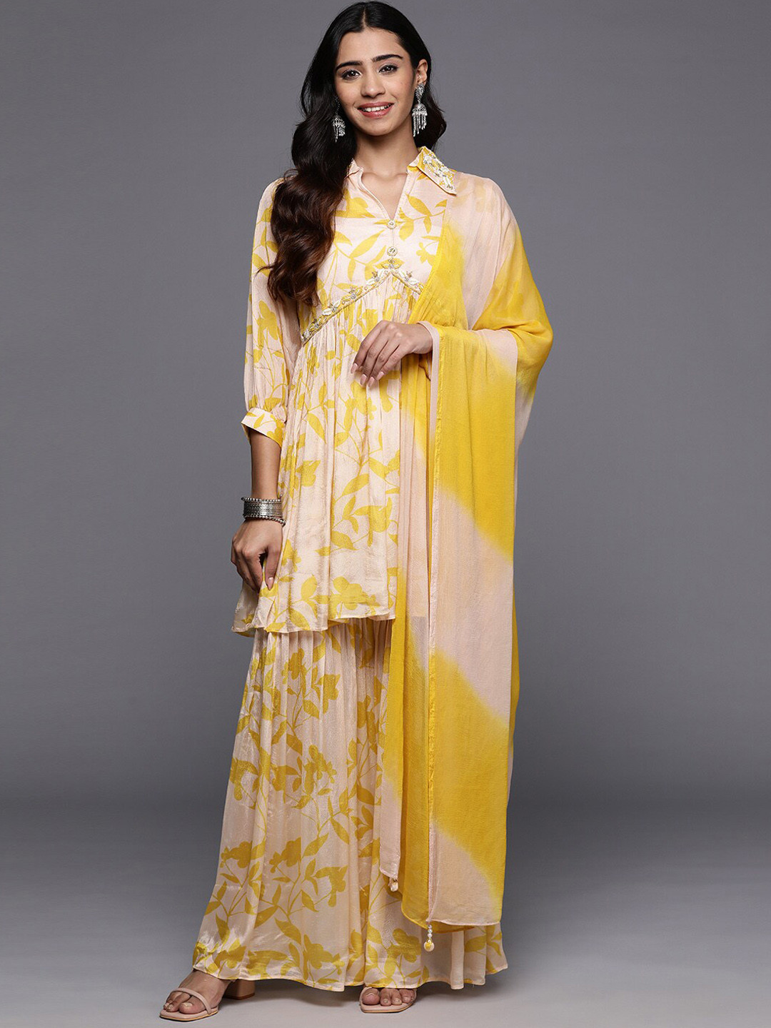 Mitera Cream Coloured Floral Printed Beads and Stones Kurta With Sharara &  Dupatta