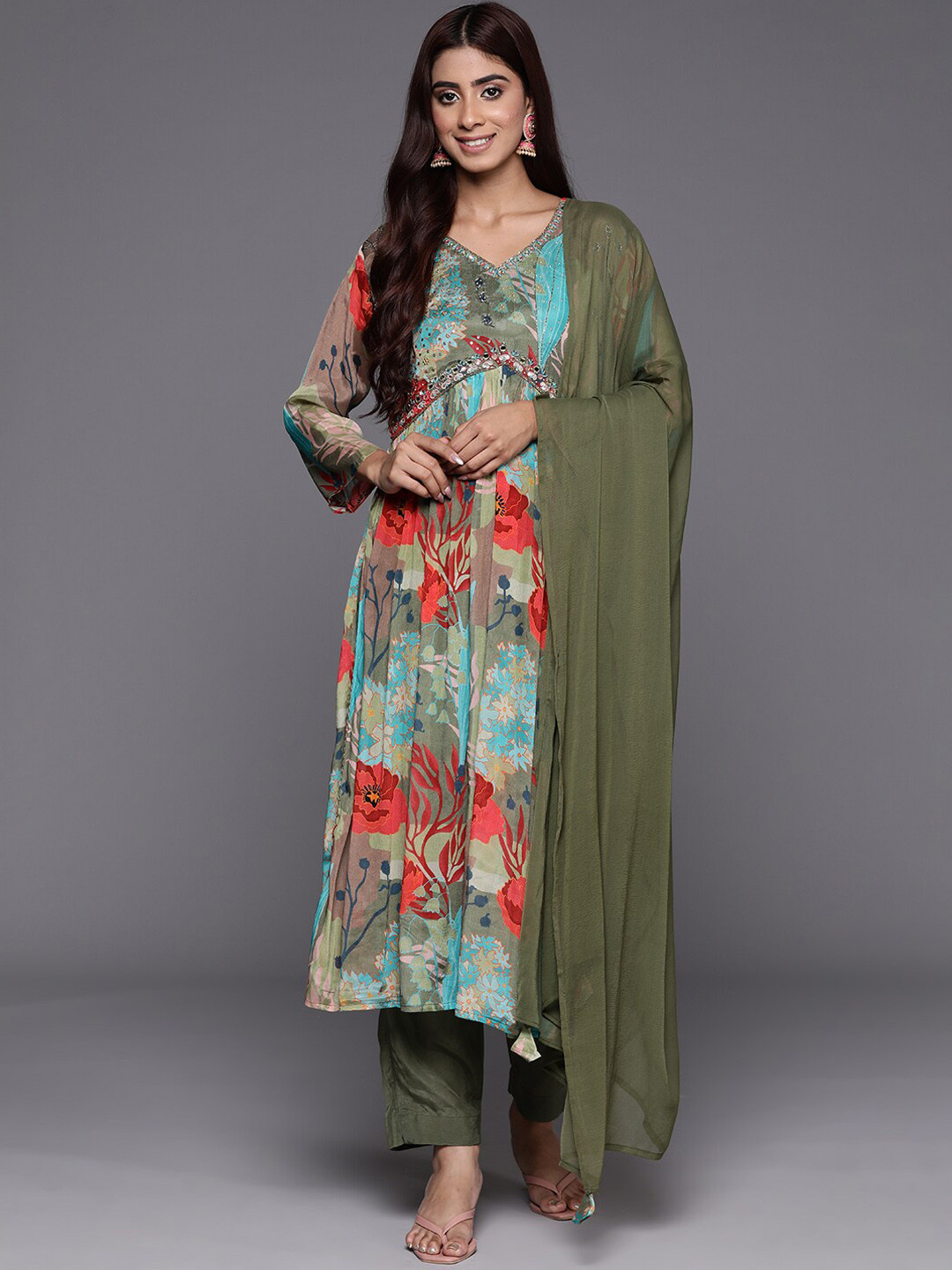 Mitera Floral Printed V-Neck Long Sleeves Beads and Stones Pure Silk Kurta Set