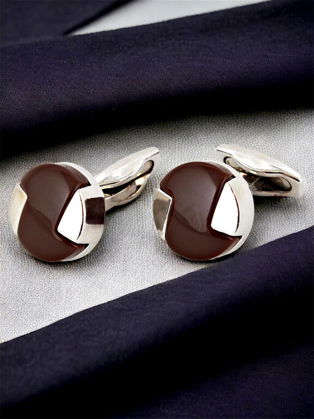 LUCKY JEWELLERY Silver Plated Textured Round Blazer Cufflinks